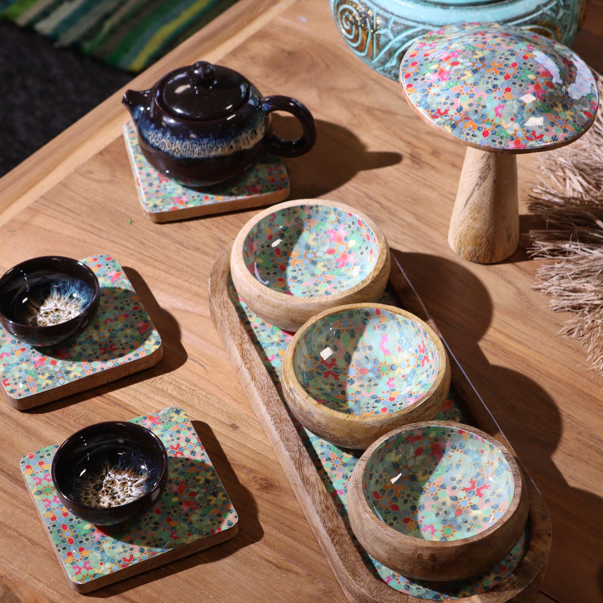 Mango Wood Tray with 3 Bowls Featuring Charming Floral Design