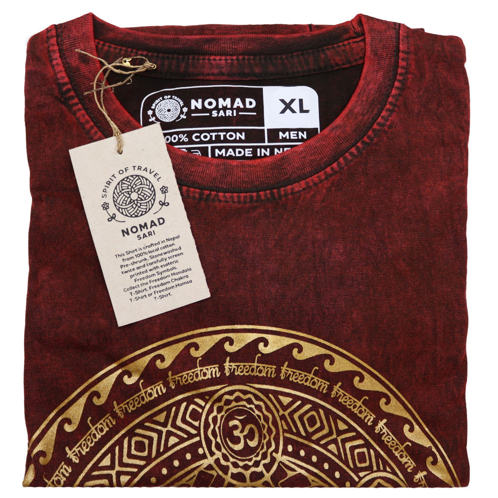 Nomad Sari Stonewashed Cotton T Shirt with Chakra Design in Maroon