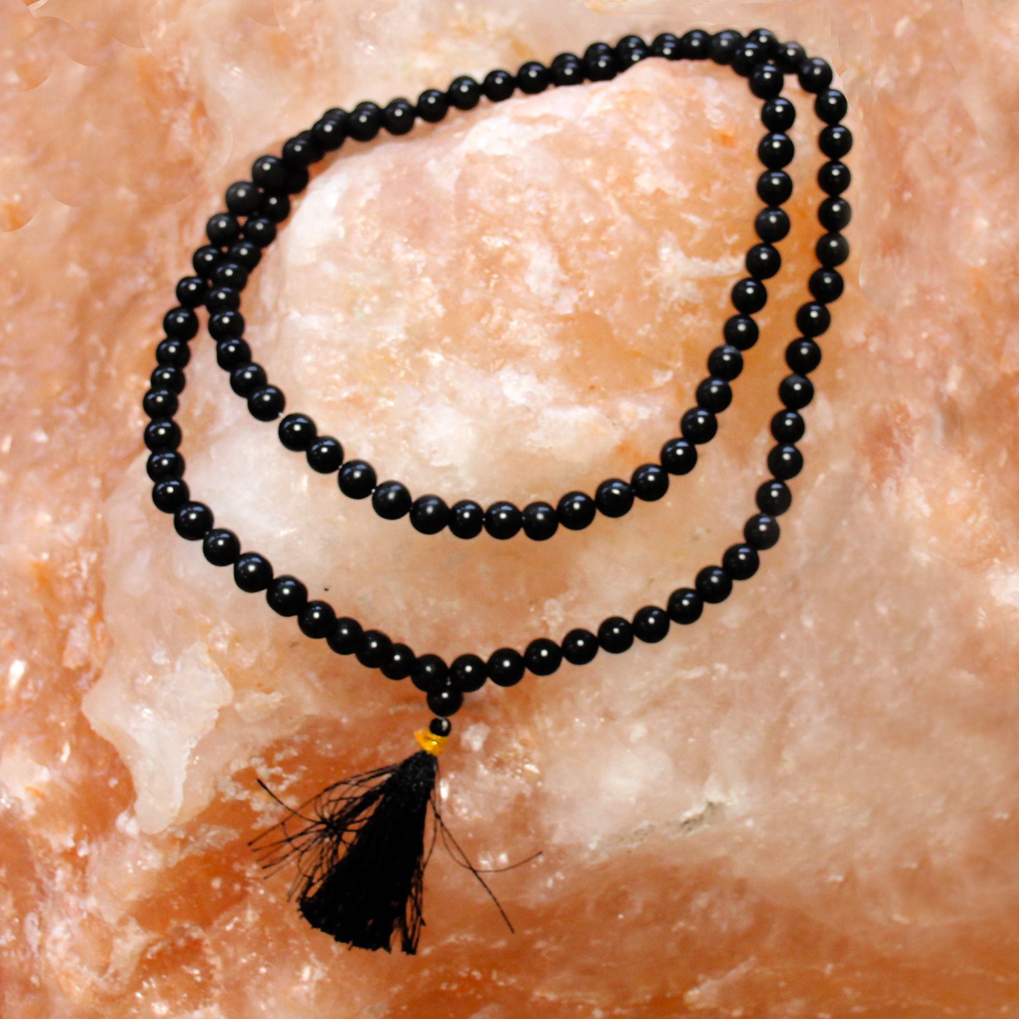 108 Bead Mala with Black Agate Gemstone Beads for Japa Practice