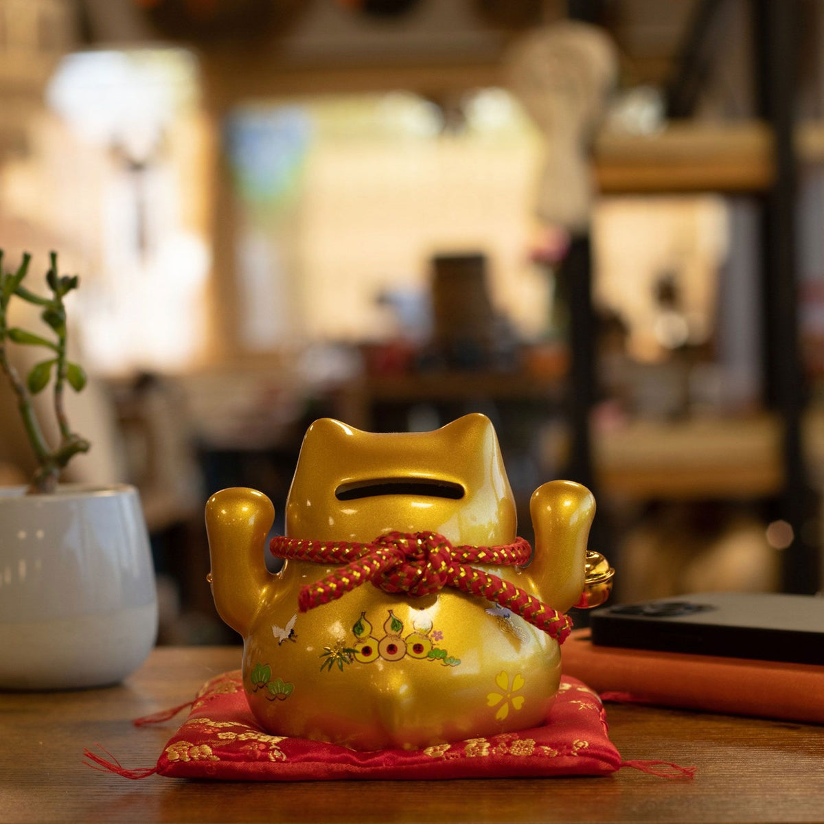 Japanese Lucky Cat Ceramic Money Box on Cushion – Gold
