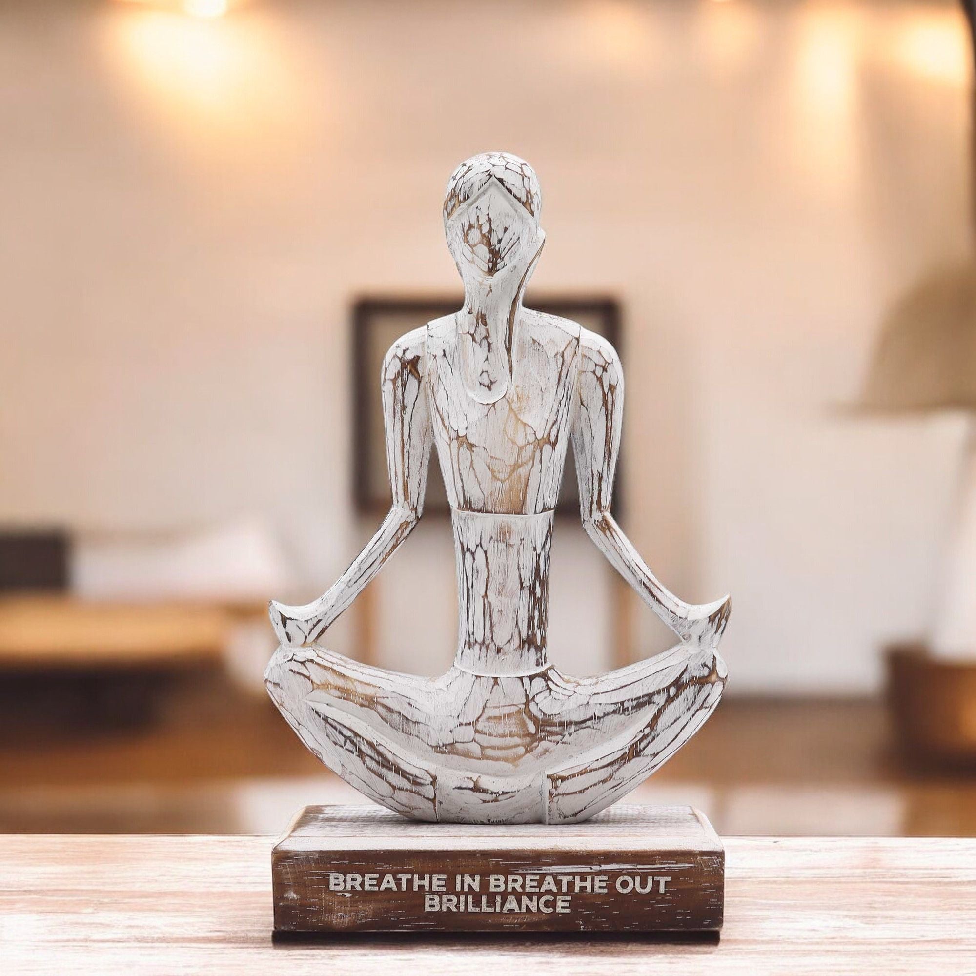 Wooden Yoga Lady in Whitewash Easy Pose for Home Decor Display