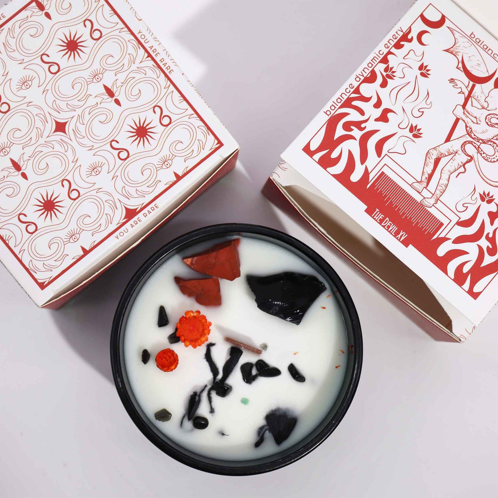 Crystal Magic Flower Candle The Devil with Red Jasper Energy