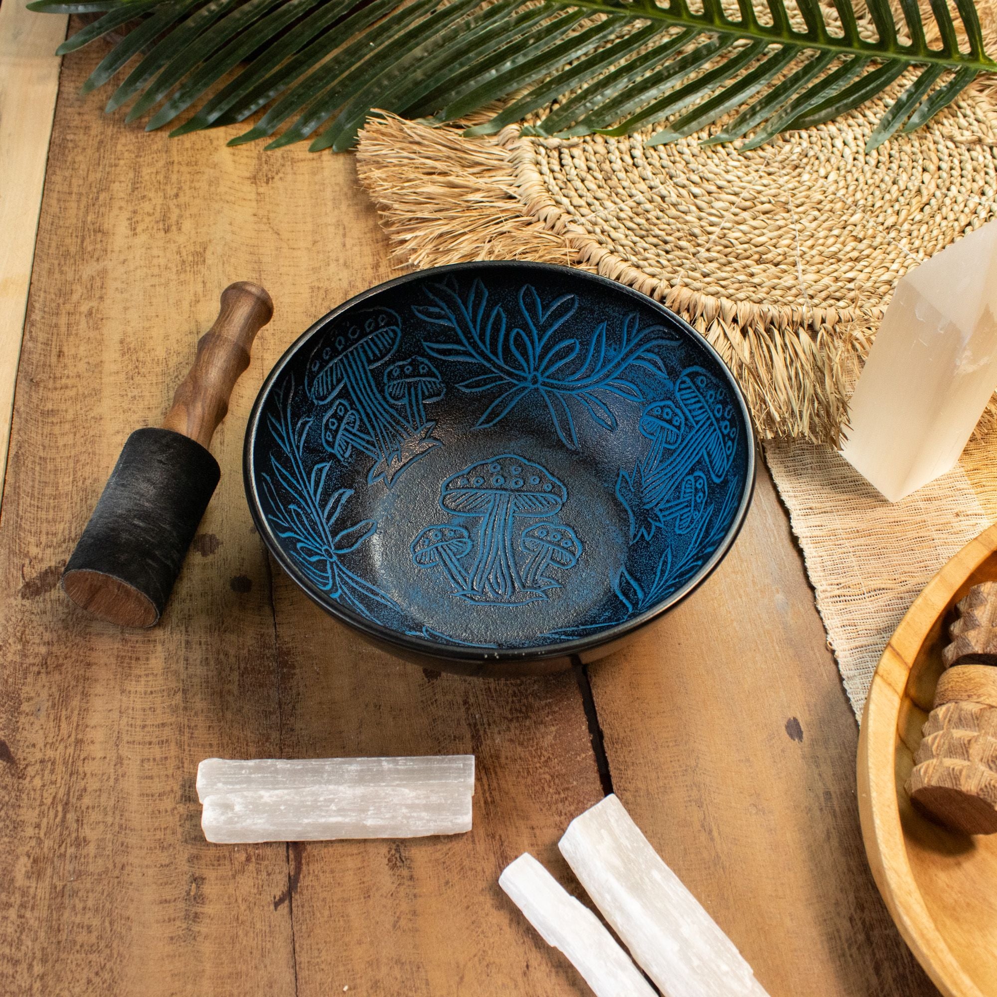 Magic Mushroom Blue Aluminium Singing Bowl with Engraved Design