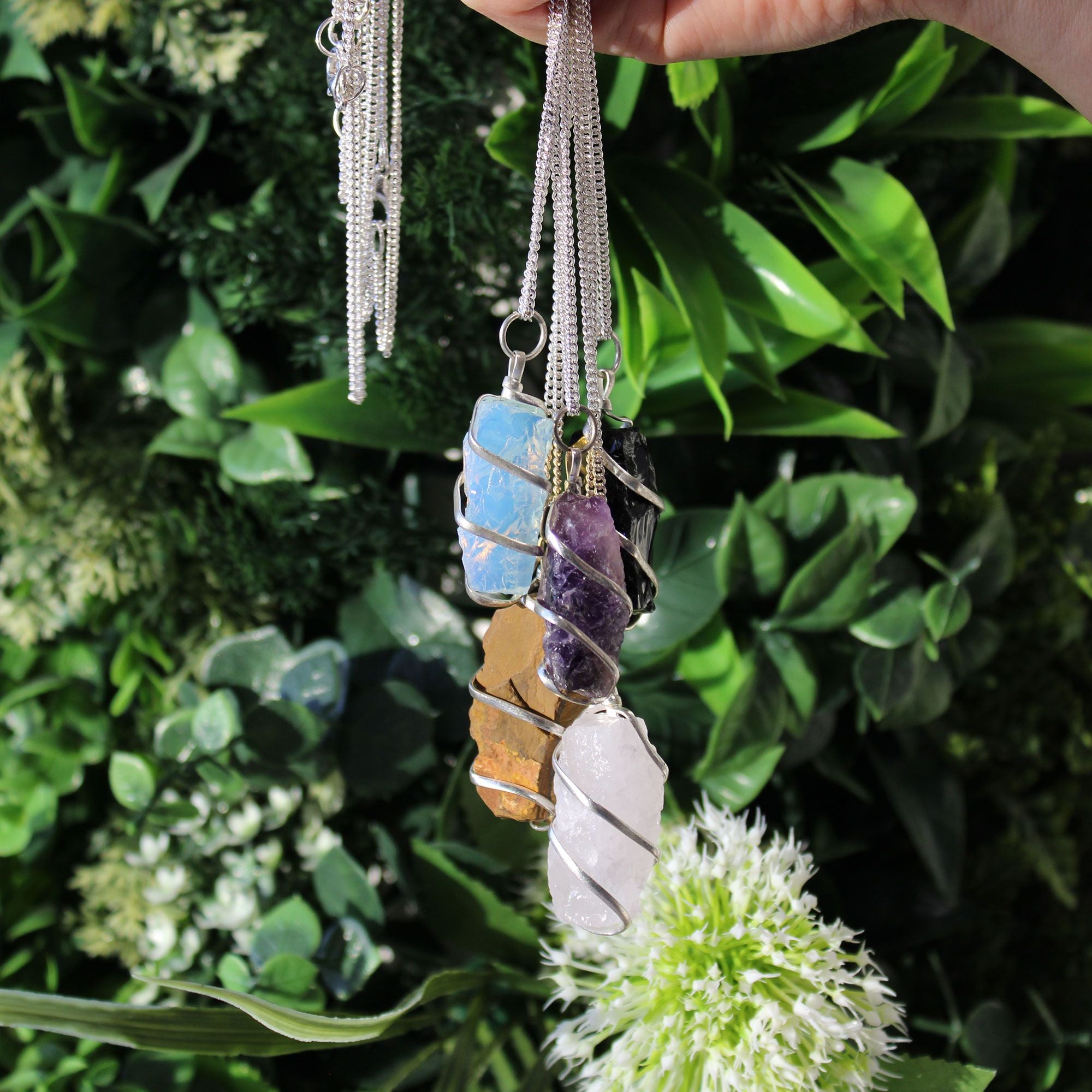 Cascade Wrapped Gemstone Necklace with Rough Opalite Design