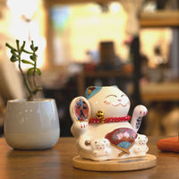 Solar Powered Japanese Lucky Cat on Wooden Base – Blue