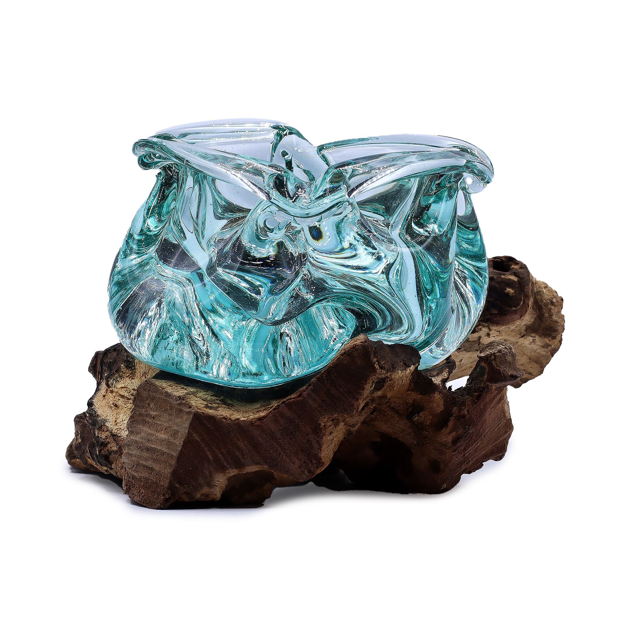Molten Glass Chunky Ashtray and Candle Holder on Wood Base 23cm