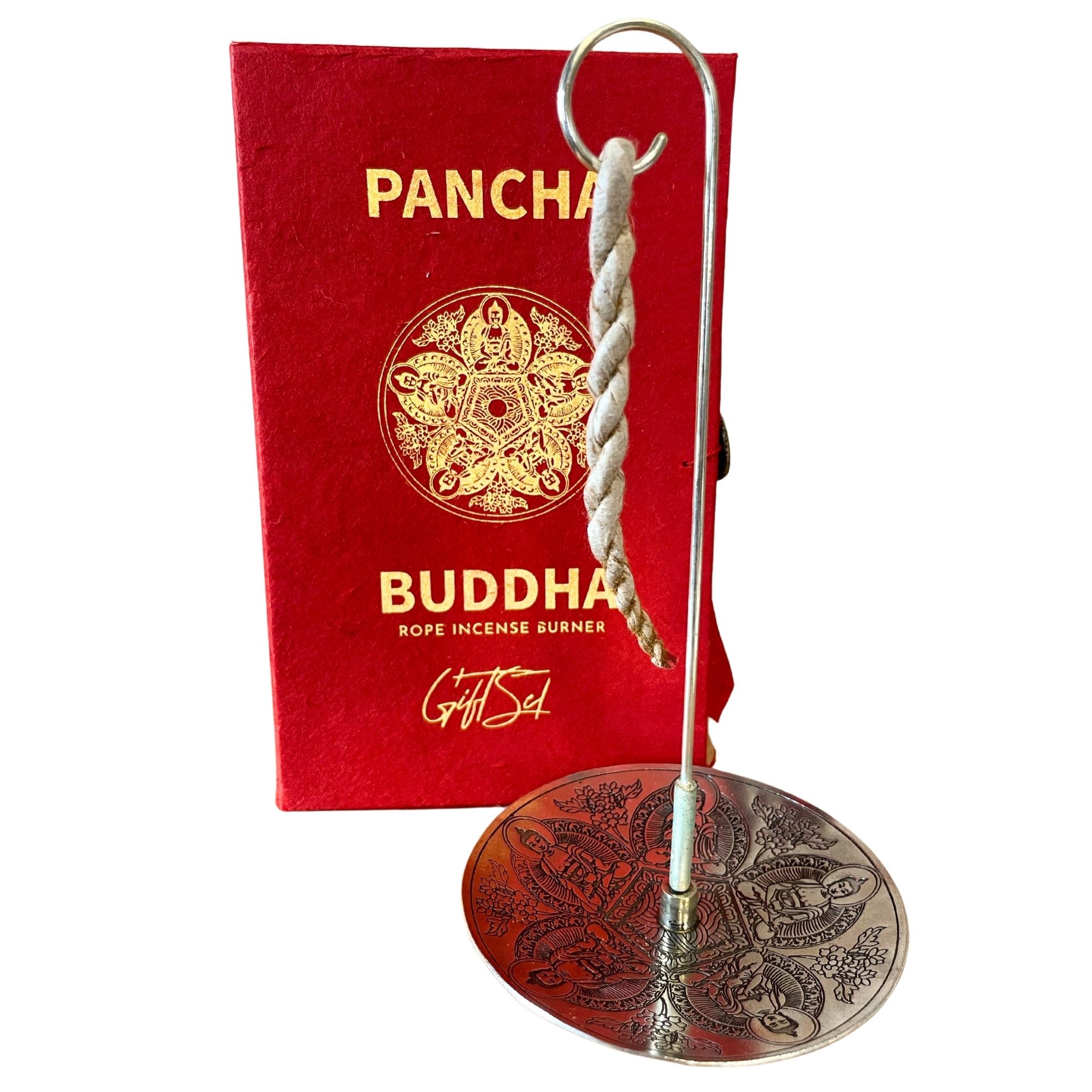 Rope Incense and Silver Plated Holder Set with Pancha Buddha Design