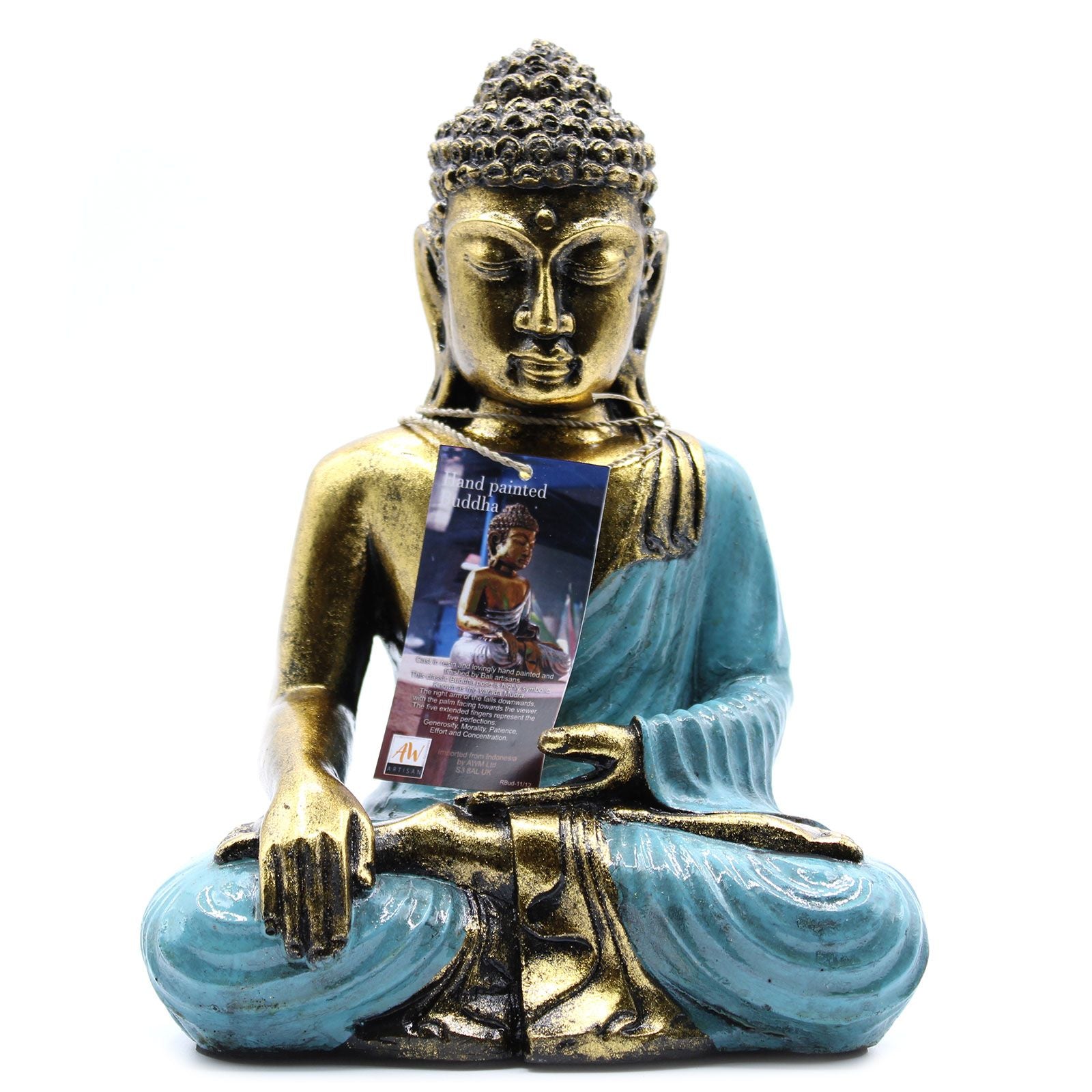 Large Teal and Gold Buddha Statue with Hand Painted Design Art
