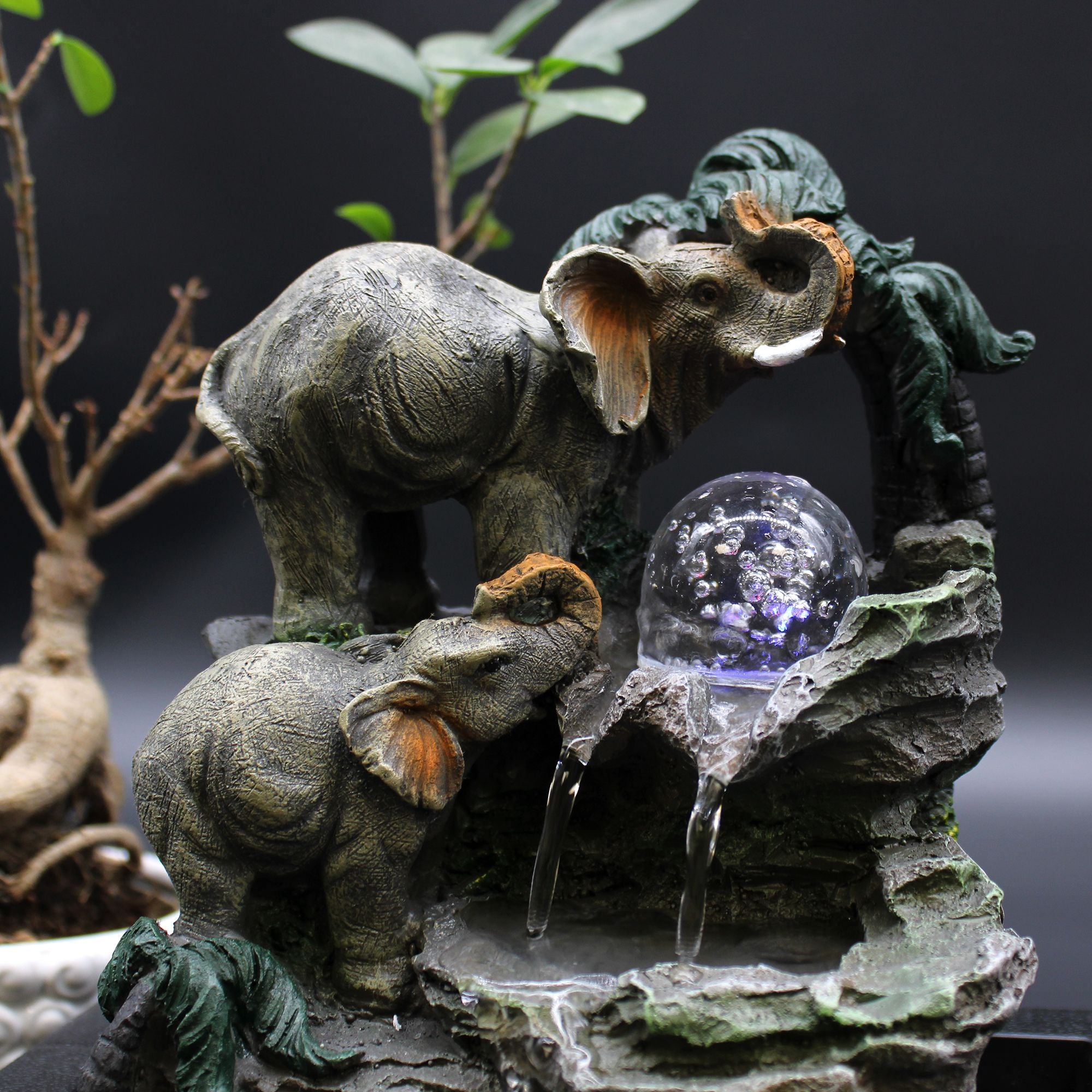 30cm Elephant Family Tabletop Water Feature for Indoor Decor