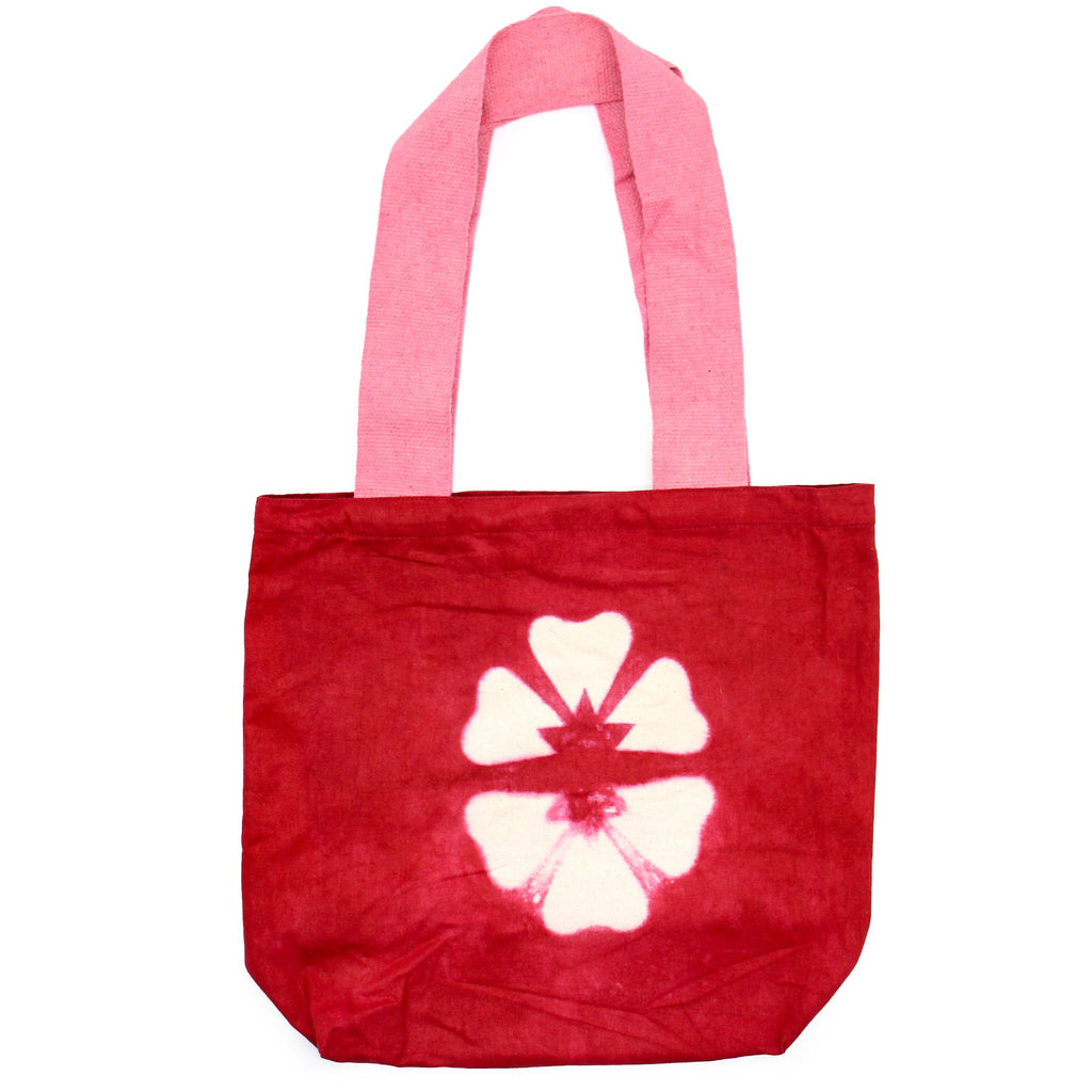 Natural Tye Dye Cotton Bag with Maroon Flower and Pink Handle