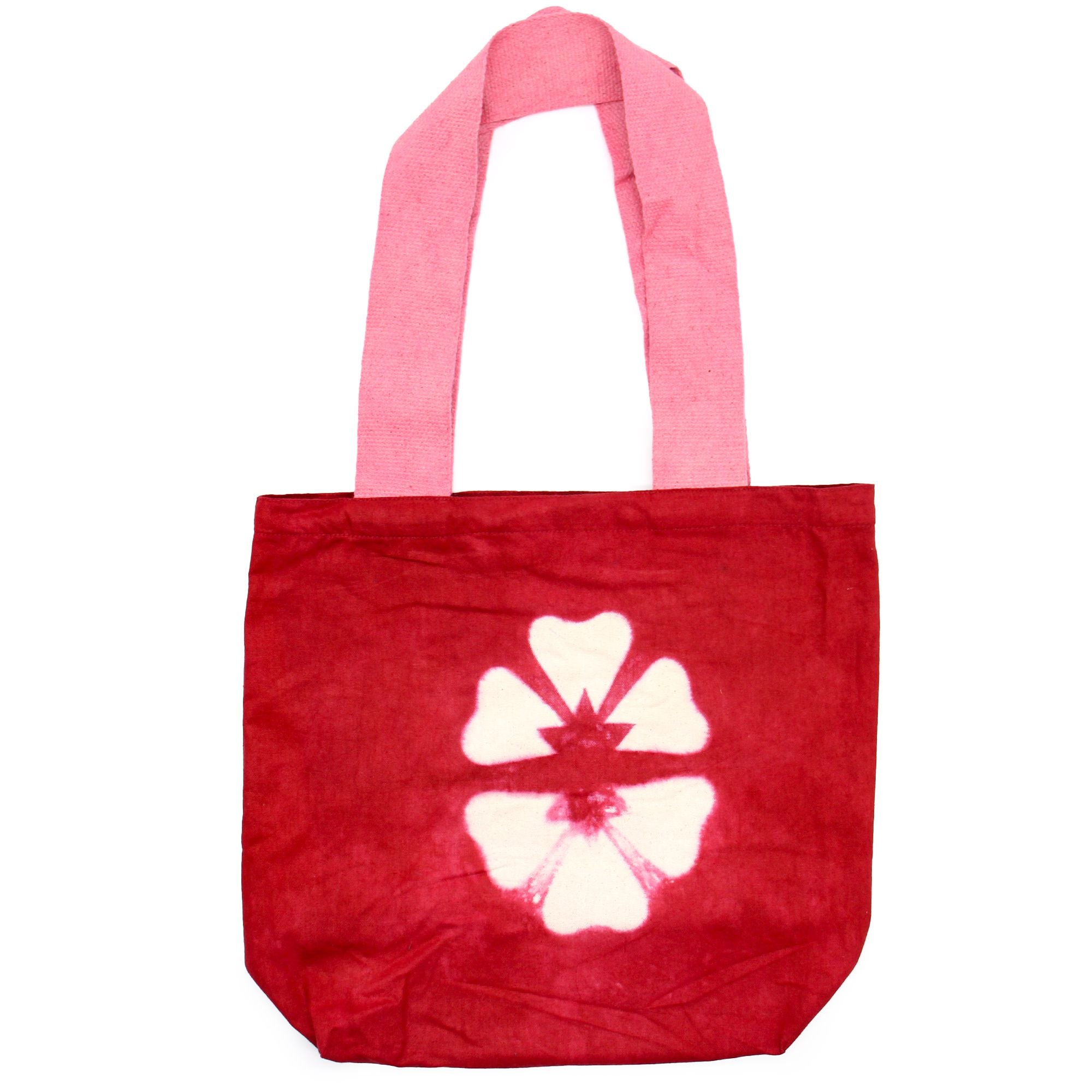 Natural Tye Dye Cotton Bag with Maroon Flower and Pink Handle