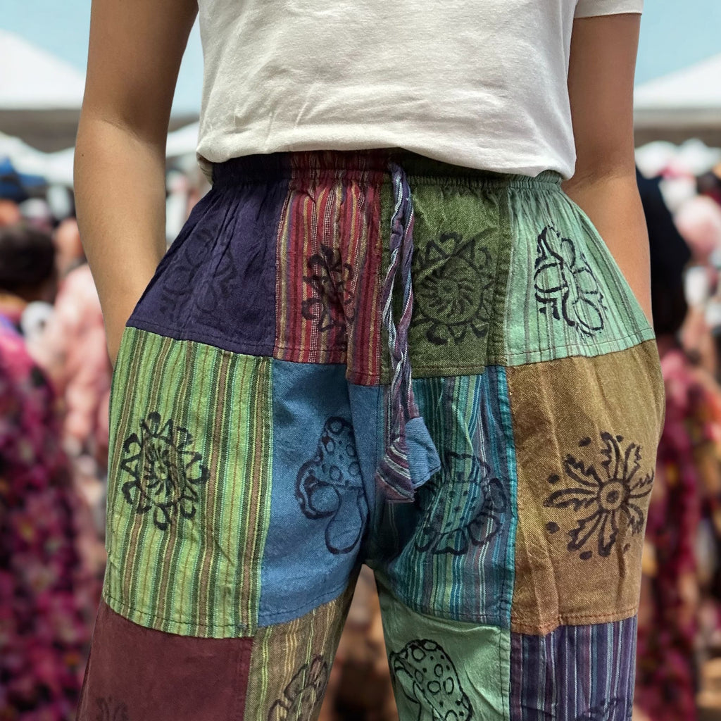 Nomad Sari Mushroom Pants with Block Print Design in Green Tones