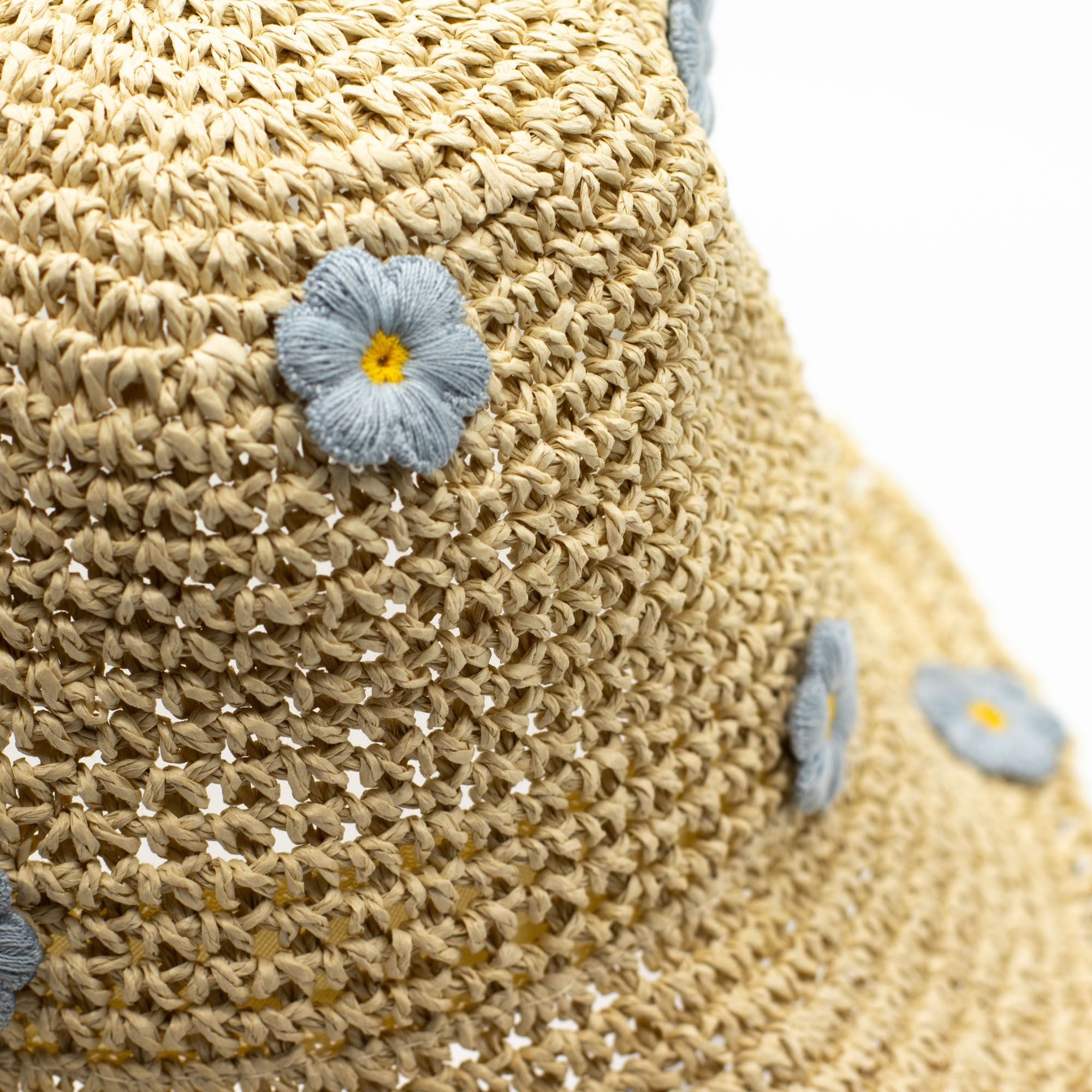 Nomad Sari Floppy Straw Sun Hat Beige with Blue Floral Accents