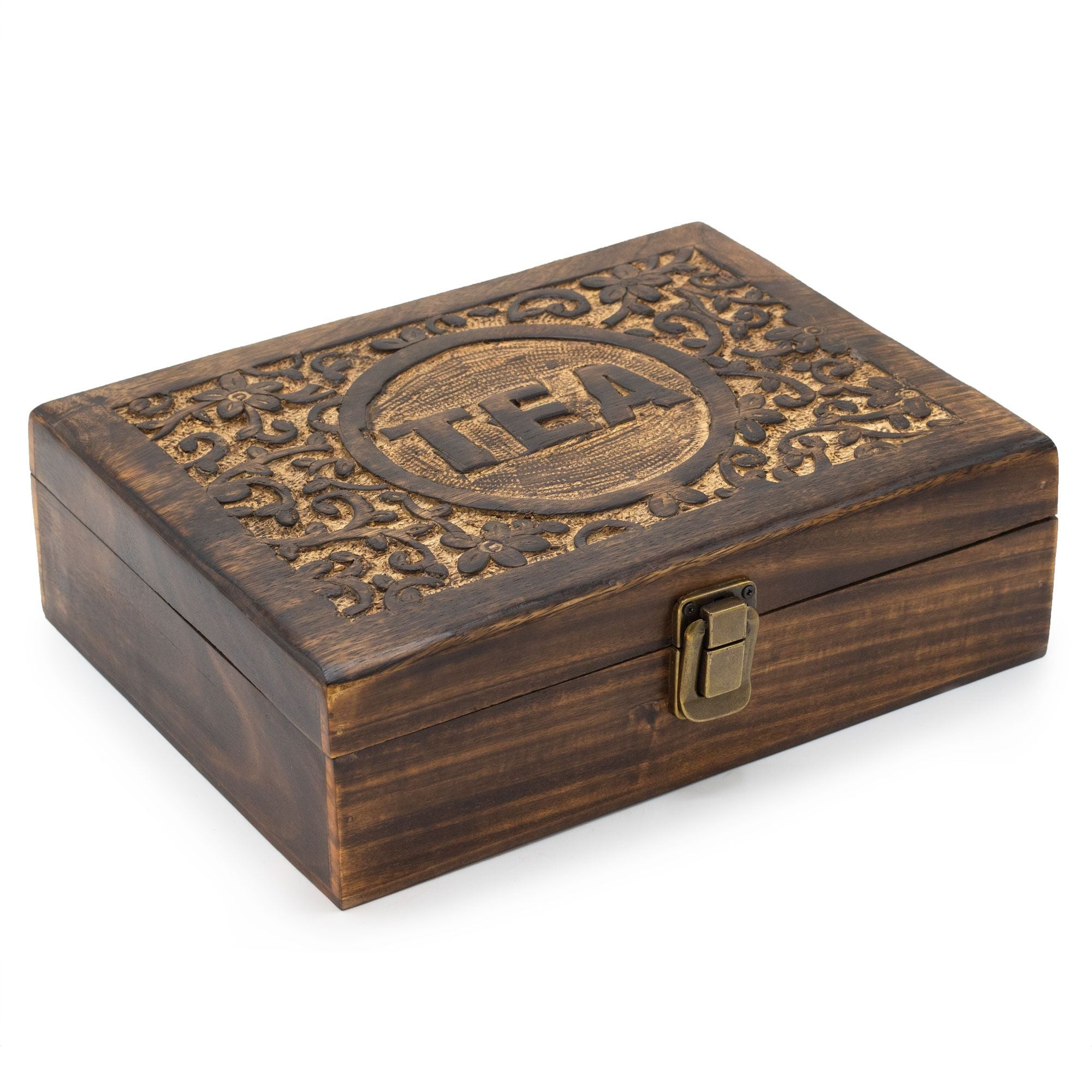 Mango Carved Tea Box with 12 Compartments for Organising Tea