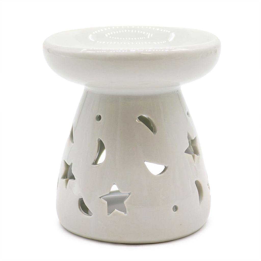 Lrg Classic White Oil Burner with Moon and Star Design for Fragrance