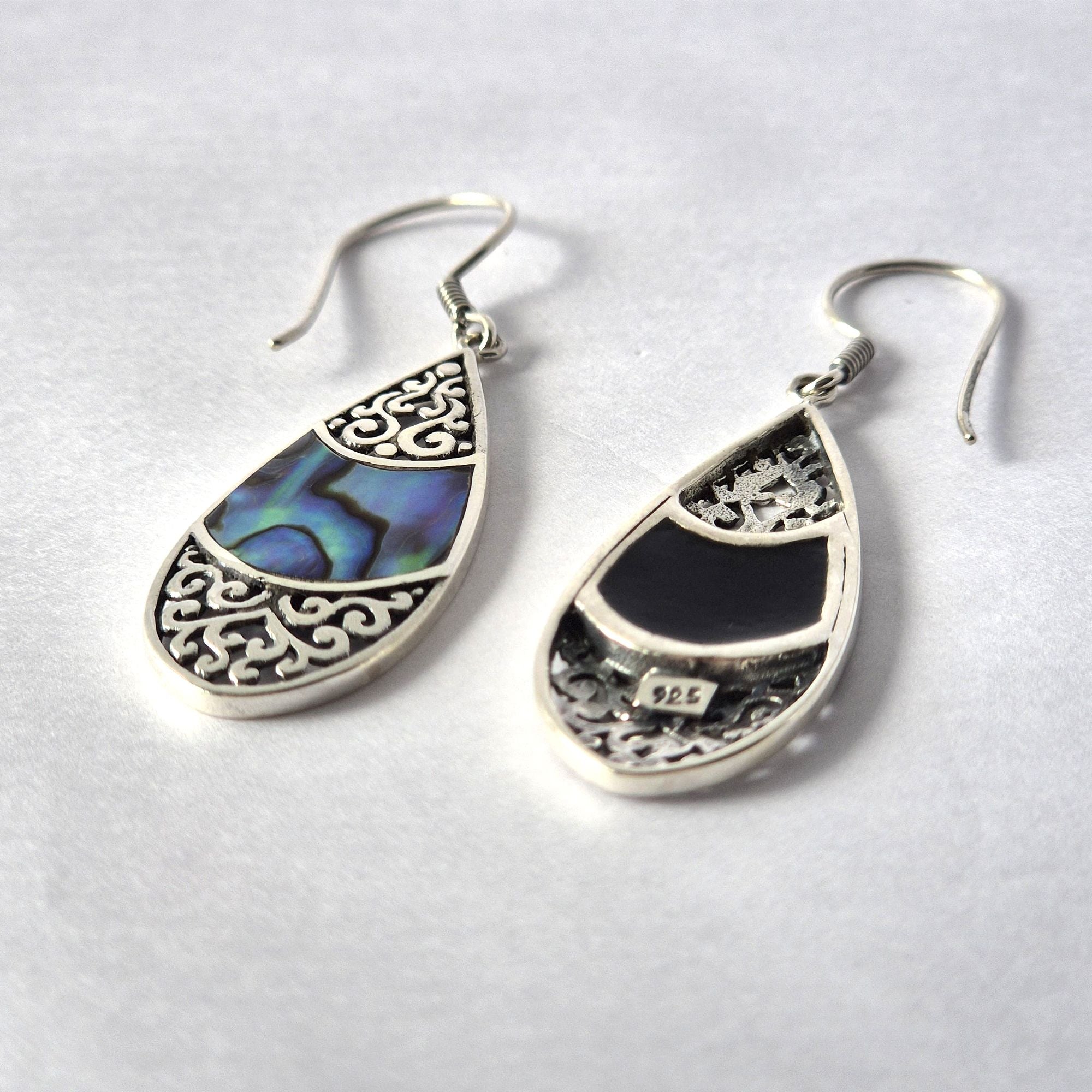 Shell and Silver Teardrop Oval Earrings with Abalone Design