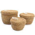 Natural Seagrass and Cotton Round Baskets with Lids Set of 3