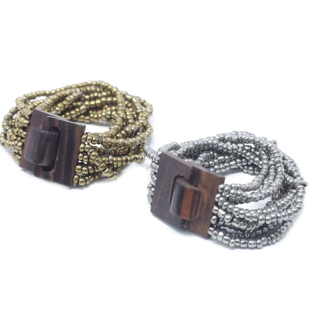 Multi Bead Bangle with Wooden Clasp in Assorted Gold and Bronze