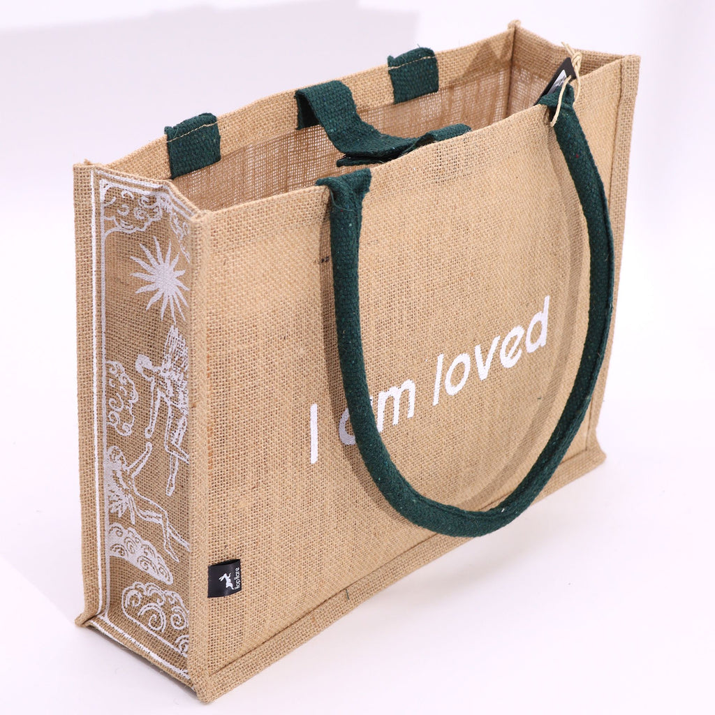 Hop Hare Jute Big Bag with I Am Loved Design for Daily Use