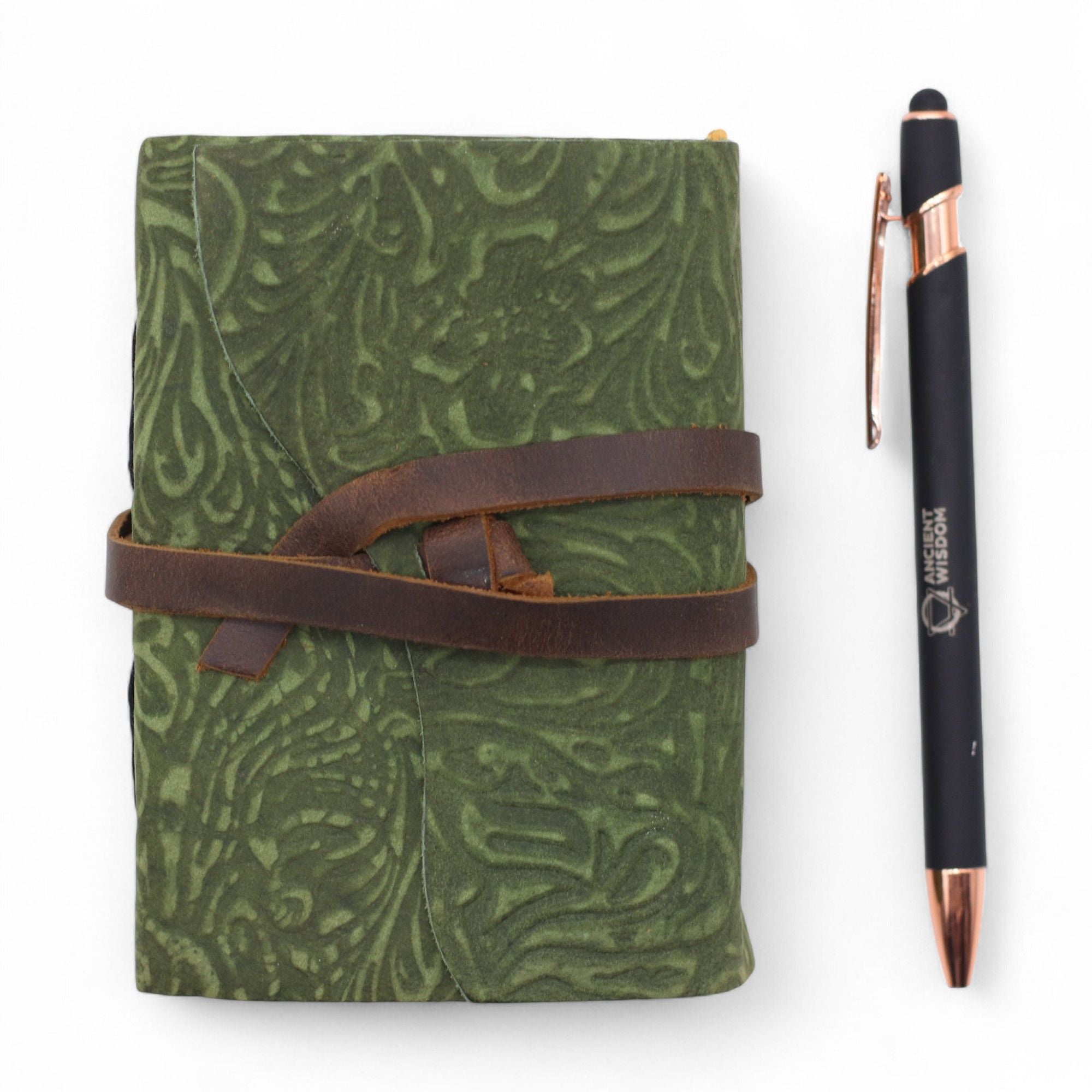Fat Deckled Leather Notebook with Green Maze Pattern for Writing