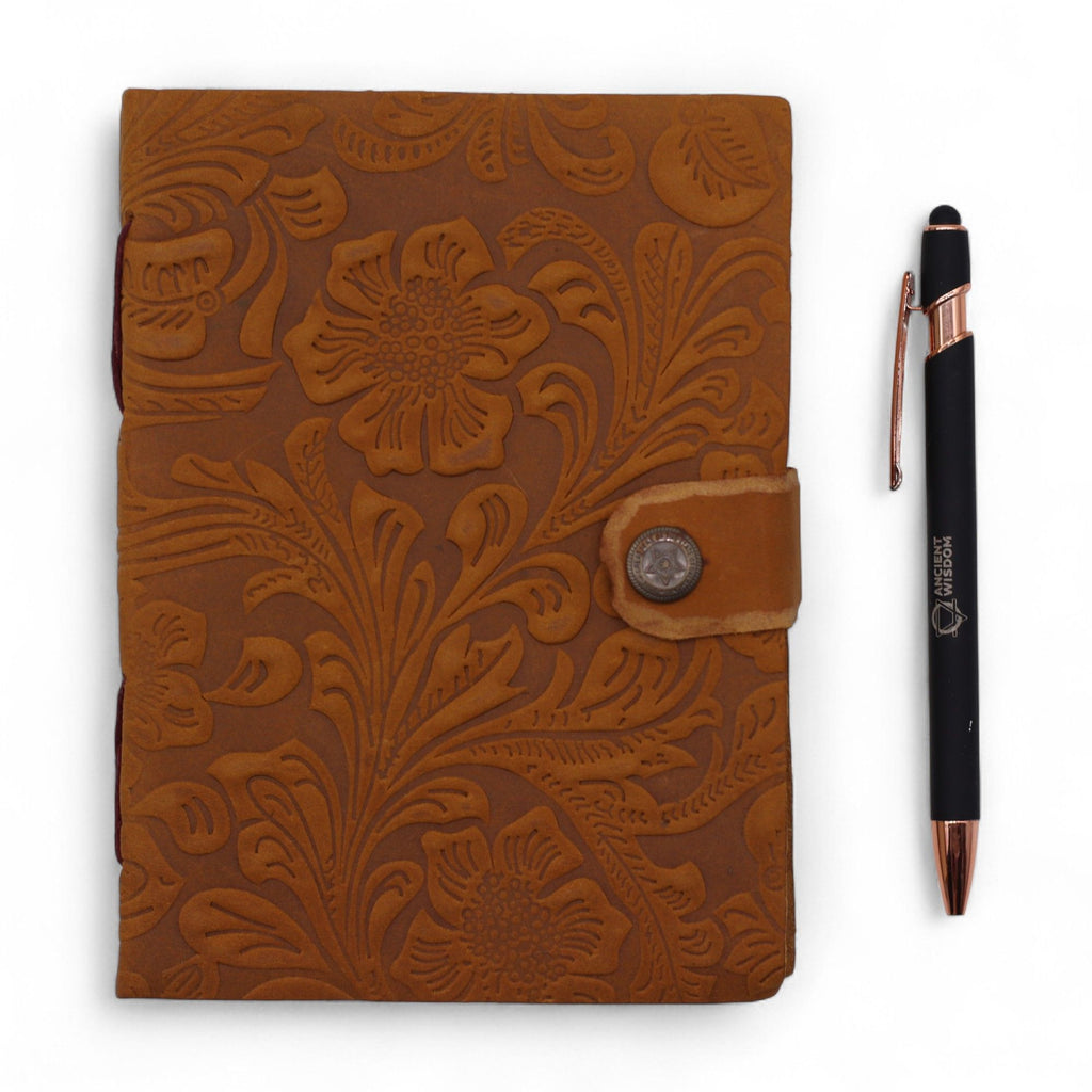 Leather Embossed Notebook in Tan Floral Pattern for Writing