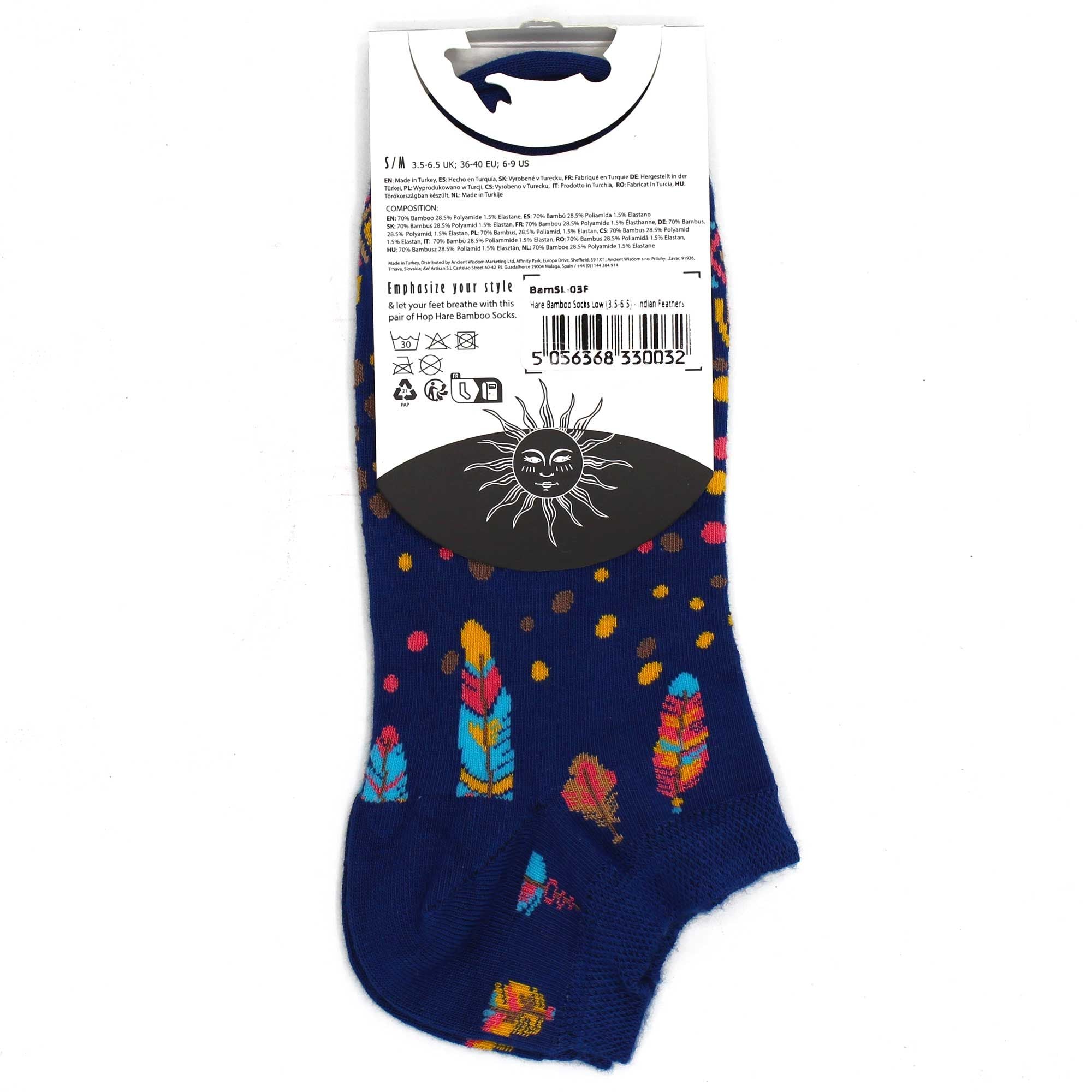 S/M Hop Hare Bamboo Socks Low Cut Indian Feathers Design for Comfort