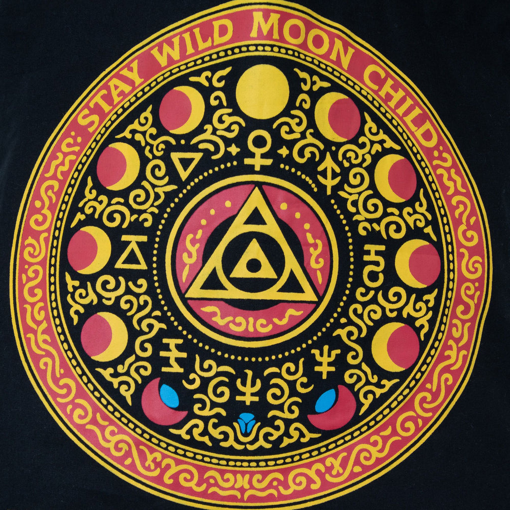 Iconic Classic Tote Bag with Luna Alchemy Wheel Design in Black