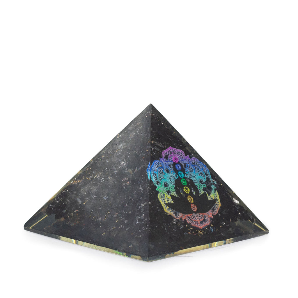 Small Organite Pyramid with Chakra Buddha and Black Tourmaline Chips