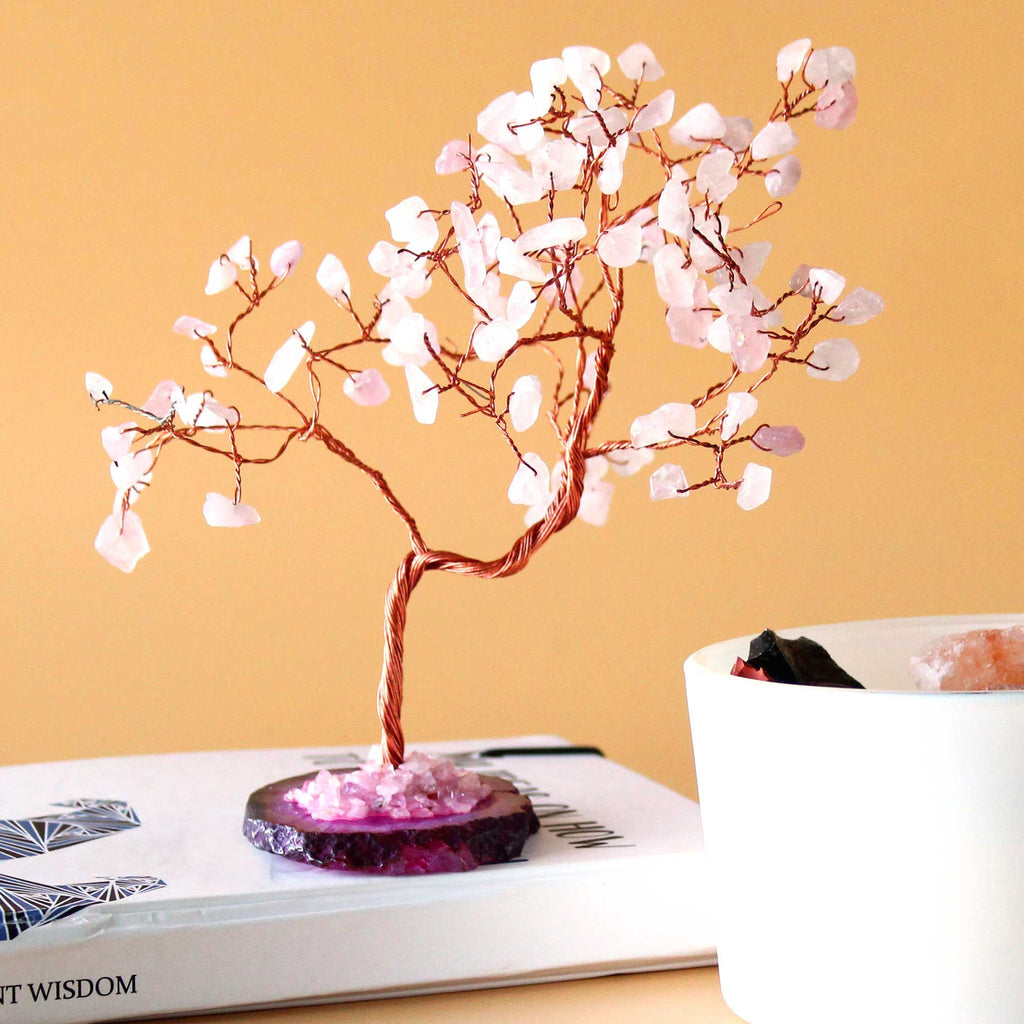Lrg Gemstone Tree Rose Quartz on Pink Agate Base with 100 Stones