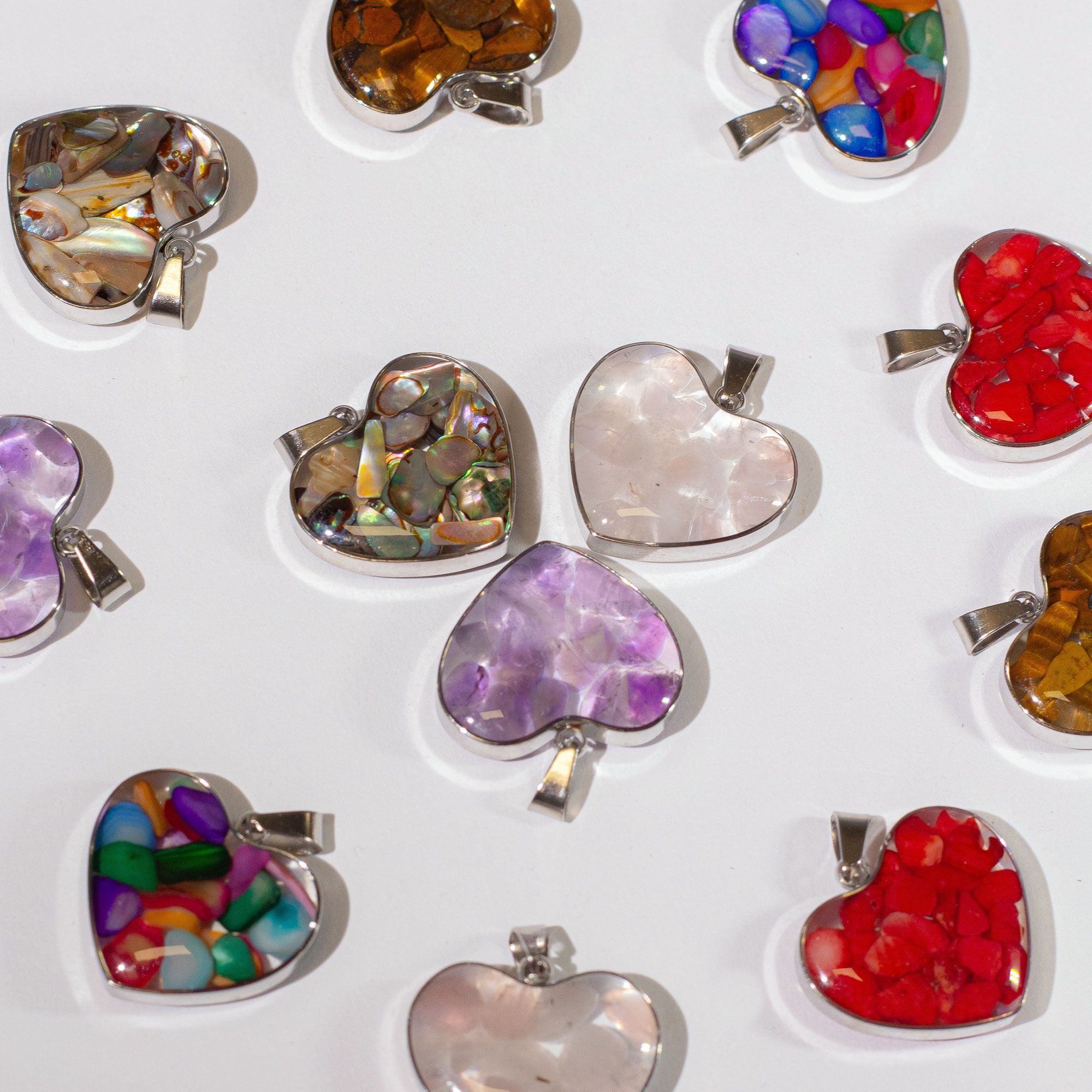 Steel Cased Pendant Hearts with 12 Assorted Gemstone Chips