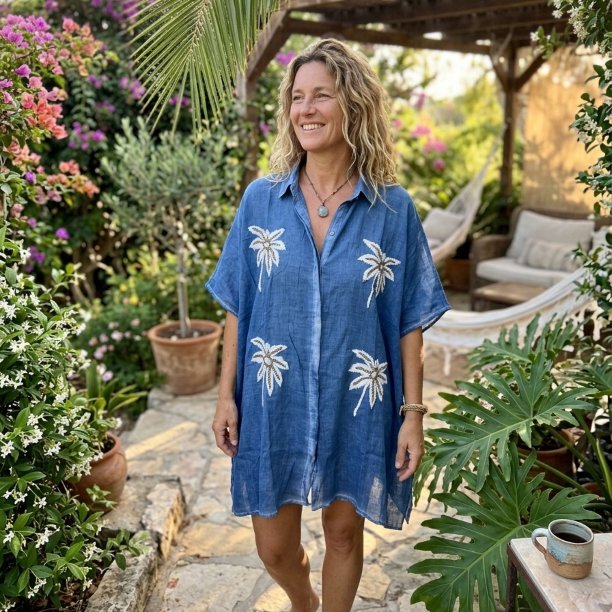 Nomad Sari Kaftan in Blue with Gold Palm Tree Design for Summer