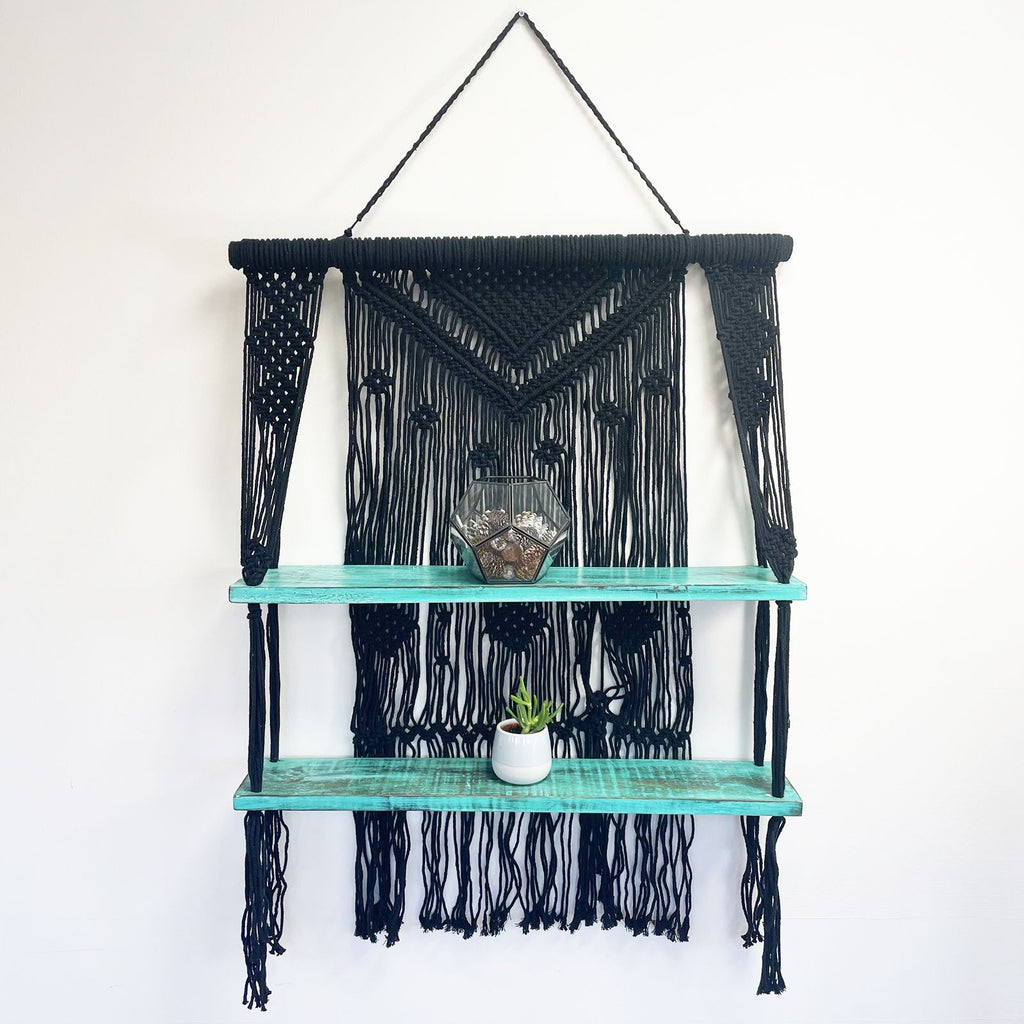 Black Macrame Hanging Shelves with Turquoise Accents for Decor