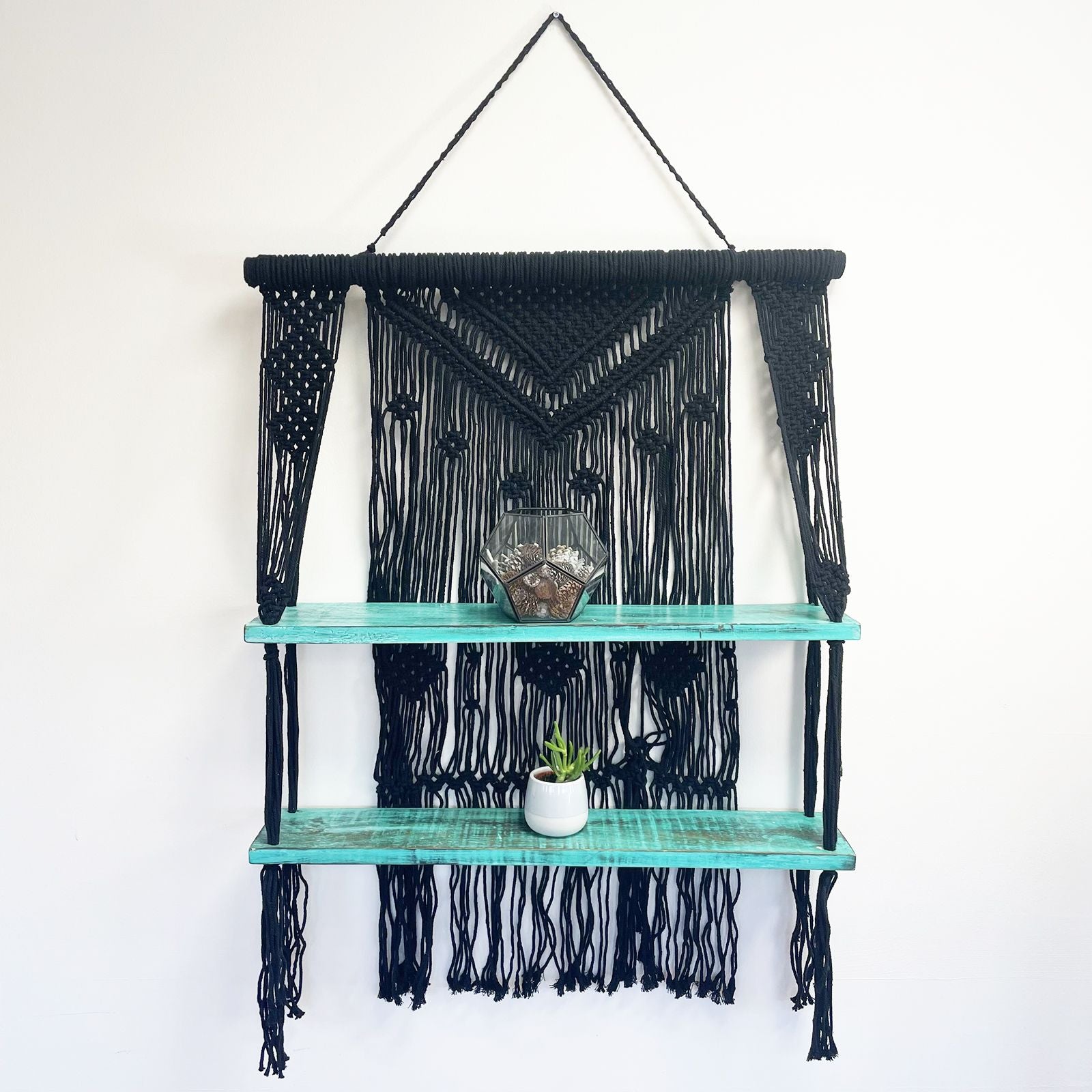 Black Macrame Hanging Shelves with Turquoise Accents for Decor