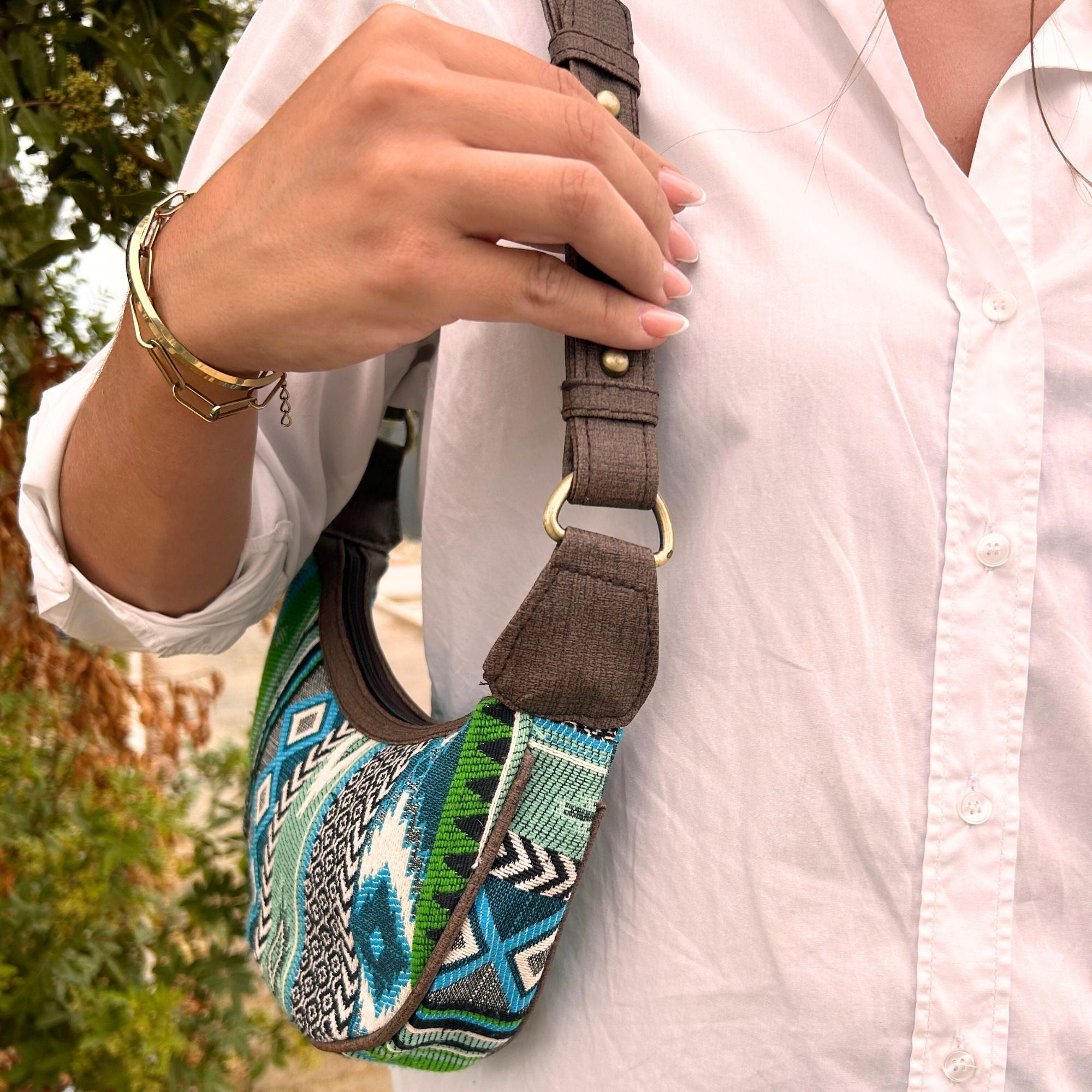 Jacquard Hobo Bag in Bold Greens with Stylish Brown Strap