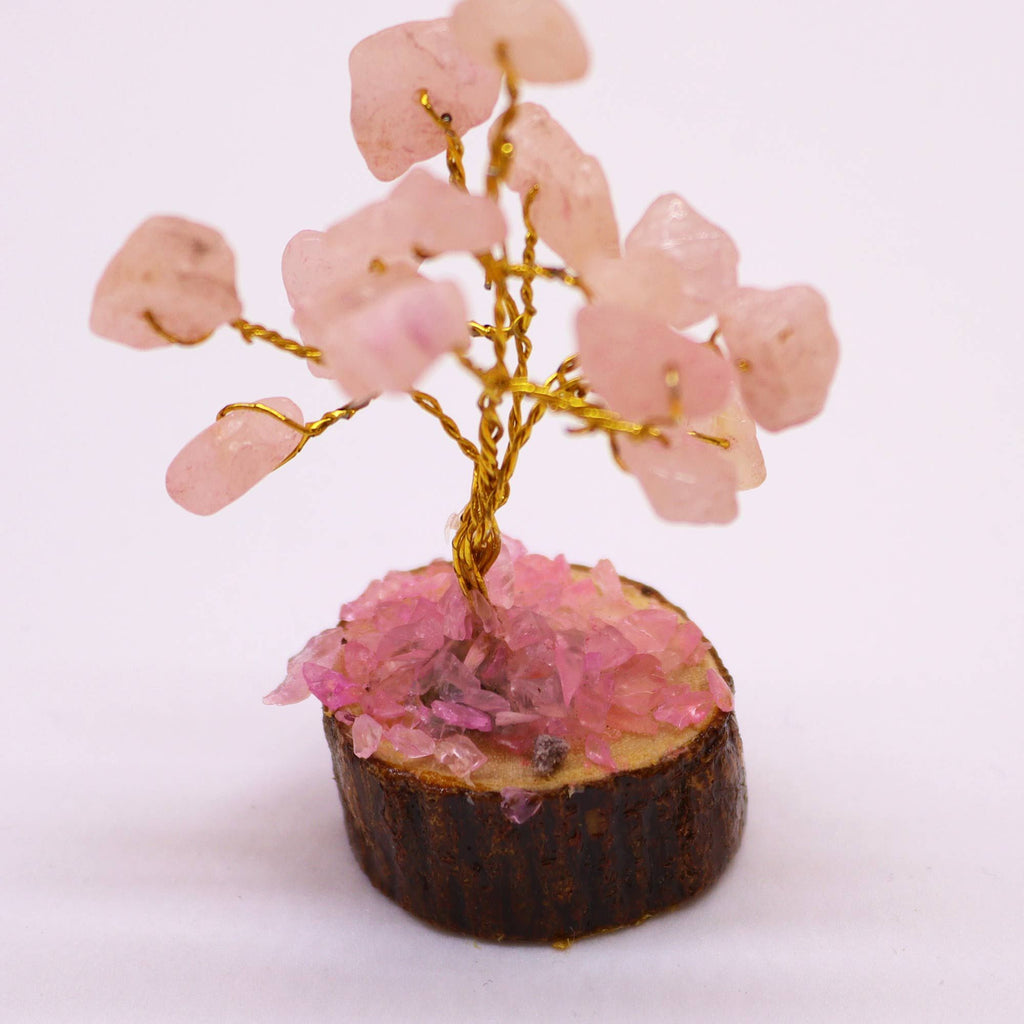 Mini Rose Quartz Gemstone Tree on Wooden Base with 15 Stones