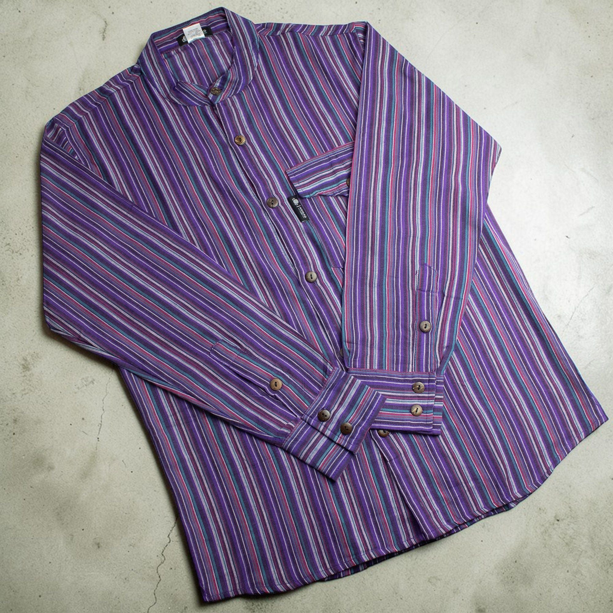 Nomad Sari Grandad Shirt in Black Purple with Bold Stripes