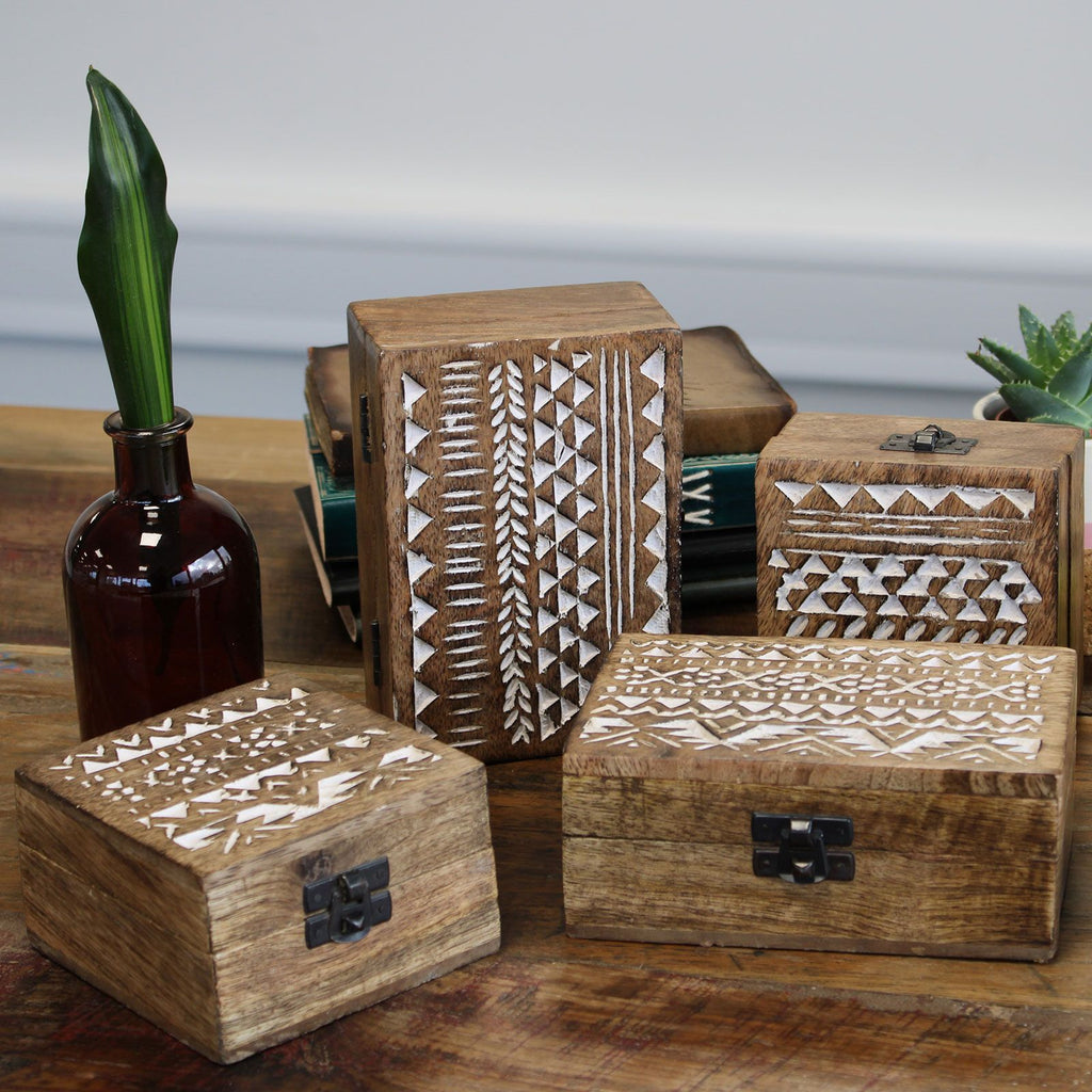 White Washed Wooden Box with Aztec Design for Stylish Storage