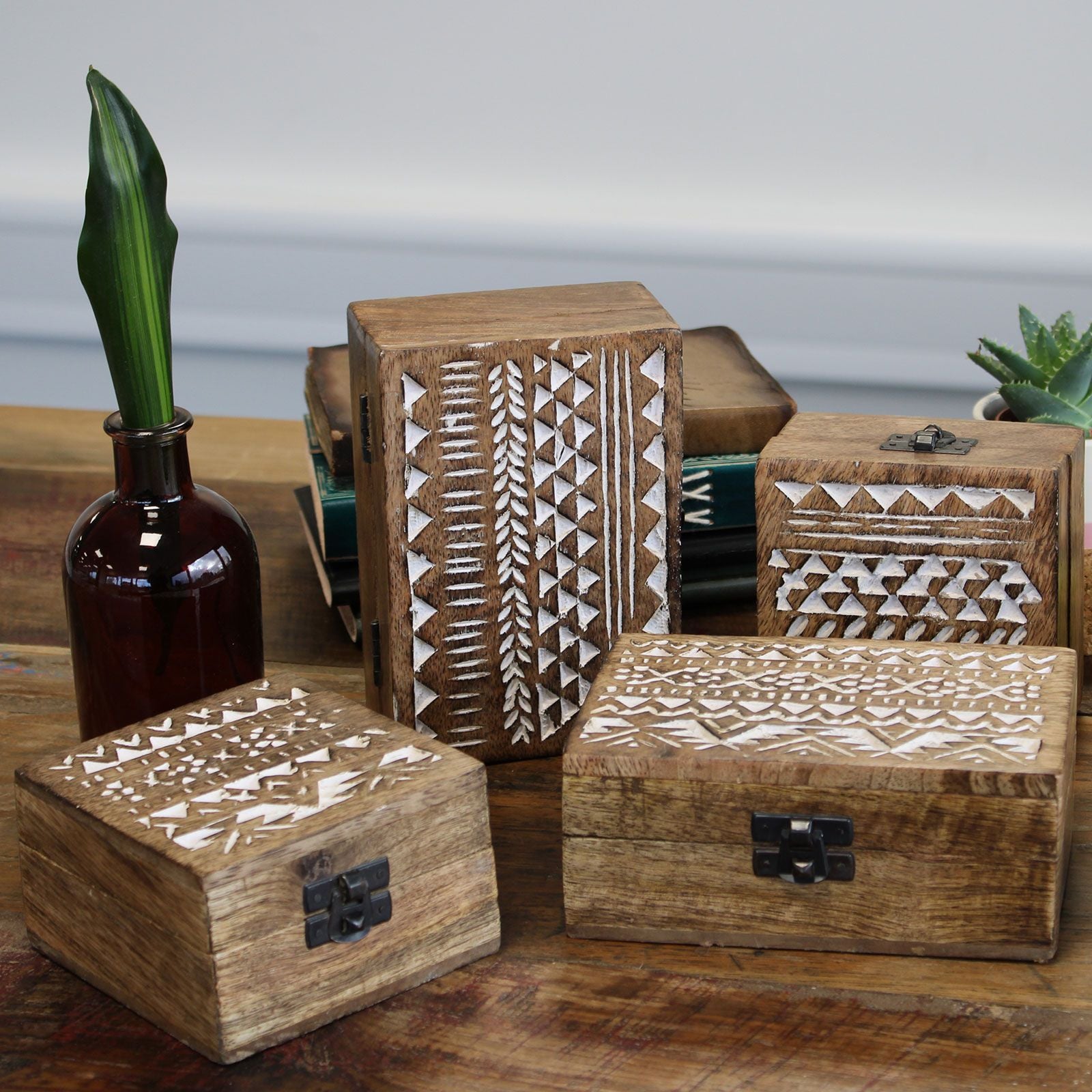 White Washed Wooden Box with Aztec Design for Stylish Storage