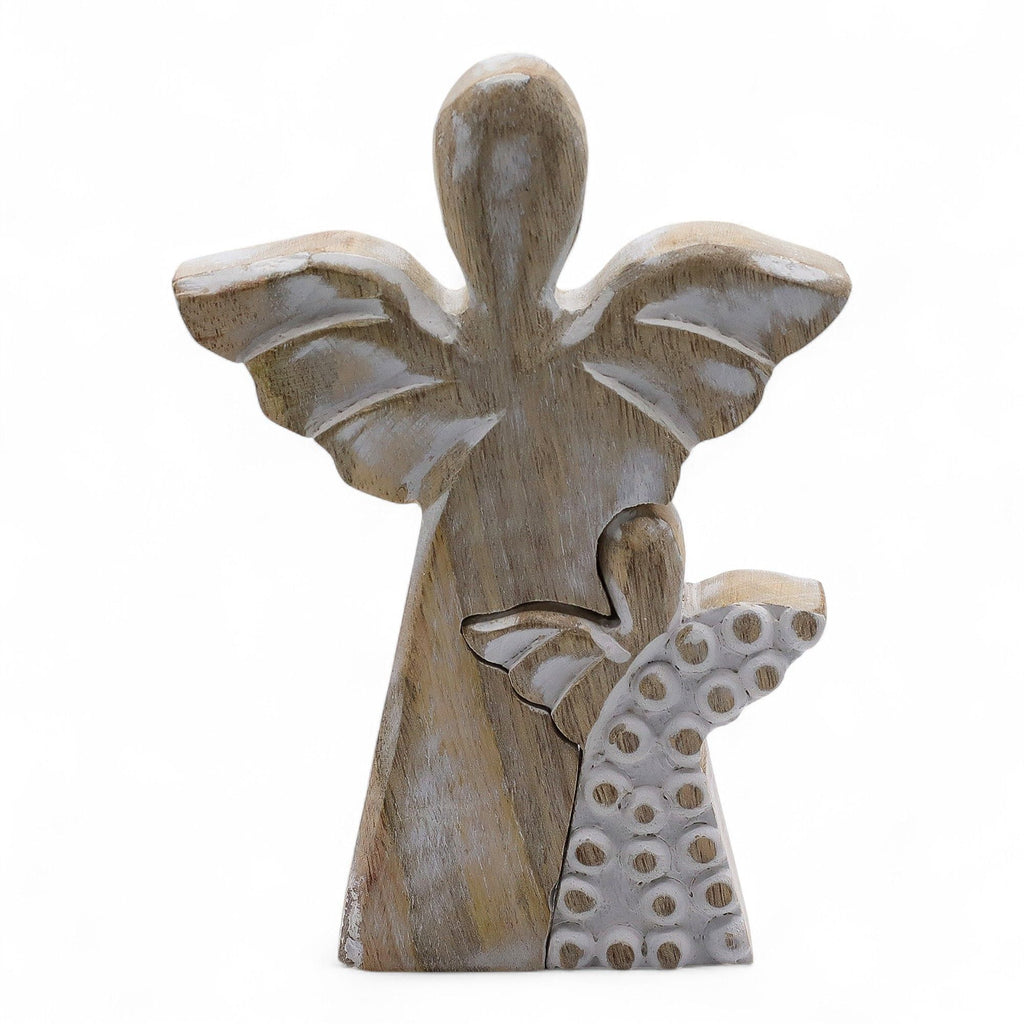 Mango Wood Angel Figurine in Whitewash Finish for Home Decor