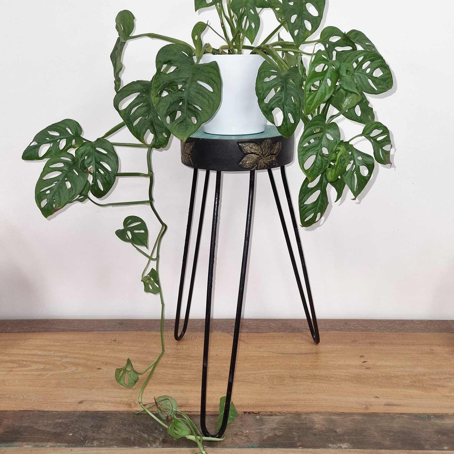 Albasia Wood Plant Stand with Turquoise and Gold Detail Design