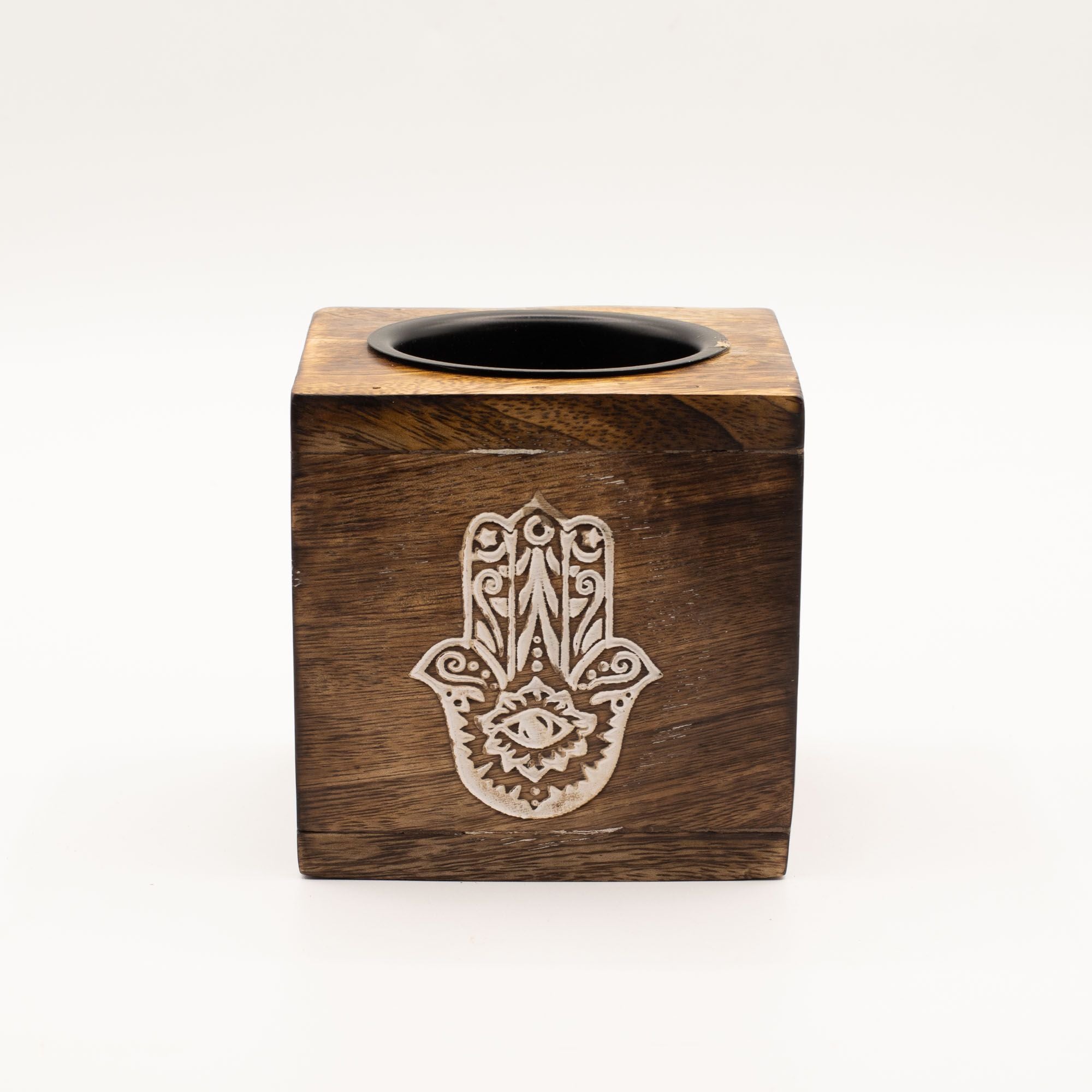 Square Mango Wood Oil Burner with Hamsa Symbol for Aromatherapy