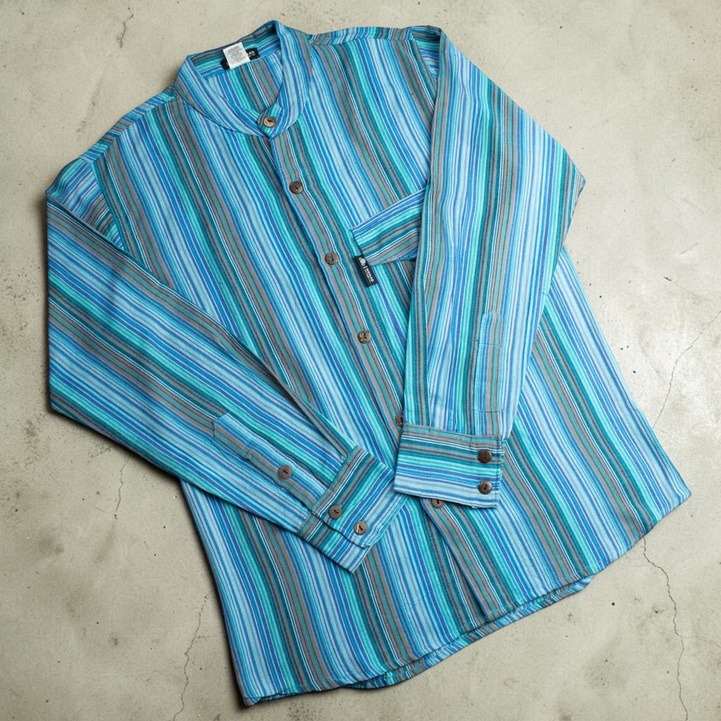 Nomad Sari Grandad Shirt in Turquoise with Vertical Stripes