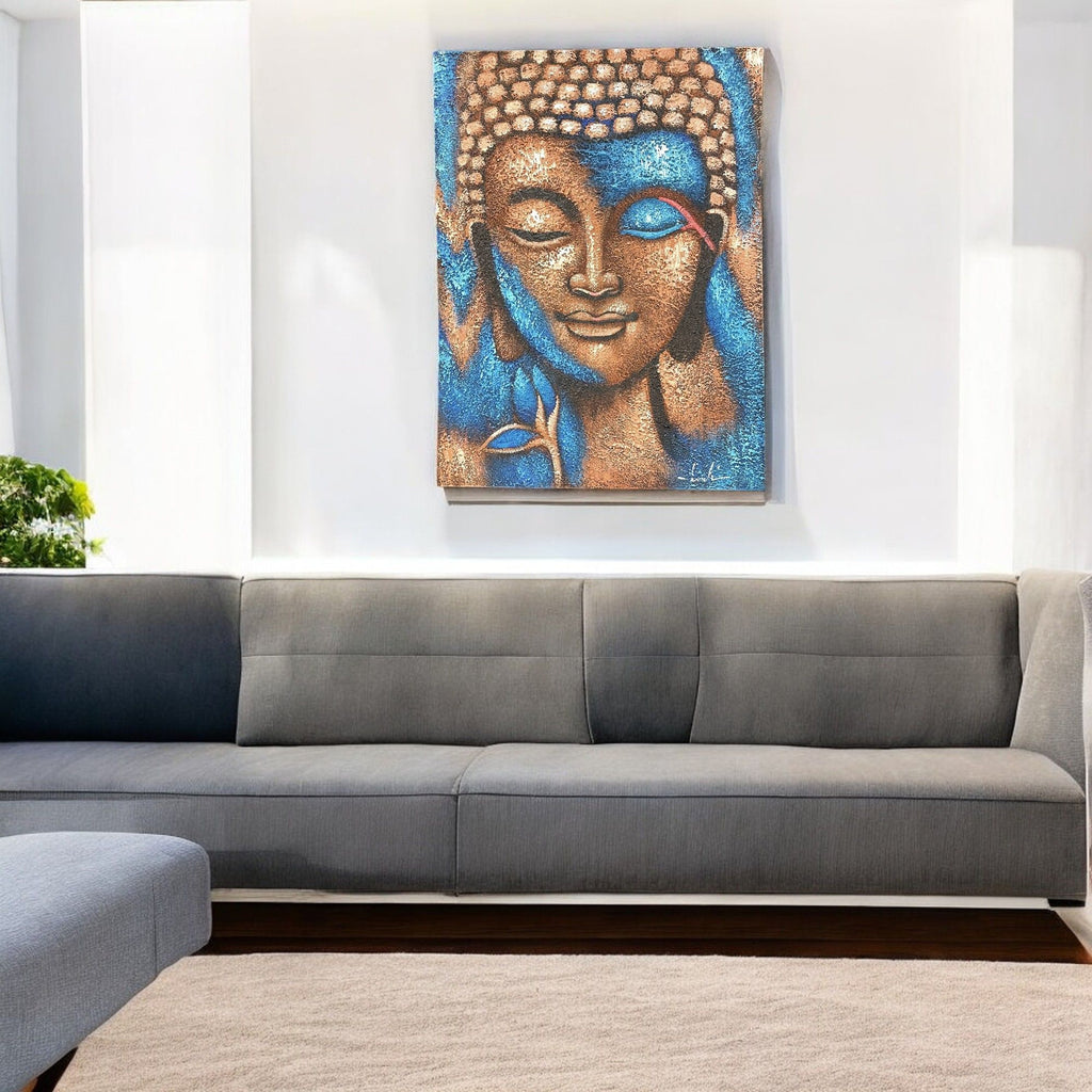 Buddha Painting in Bronze and Blue Flower Design 75x55cm Artwork