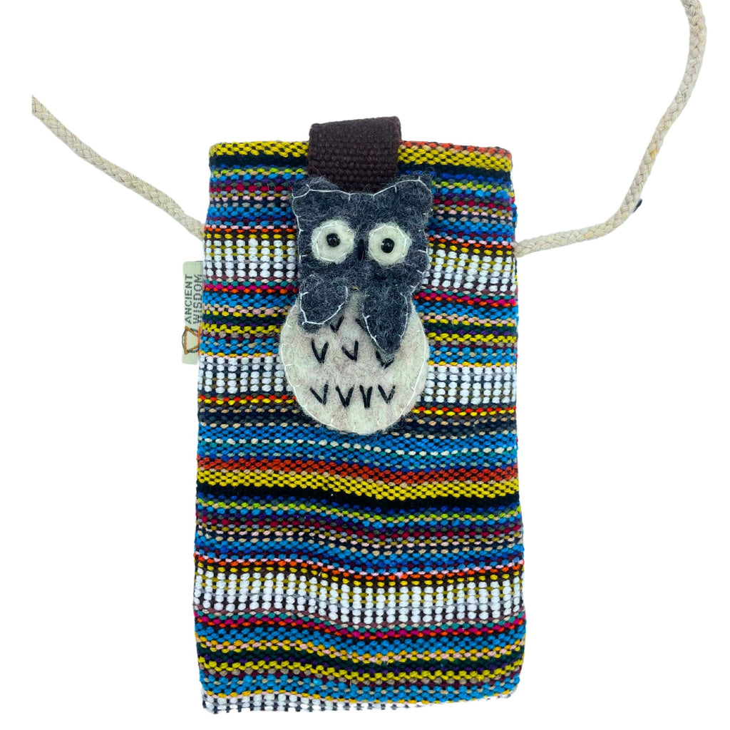 Handmade Phone Holder Bag with Stripes and White Owl Decor