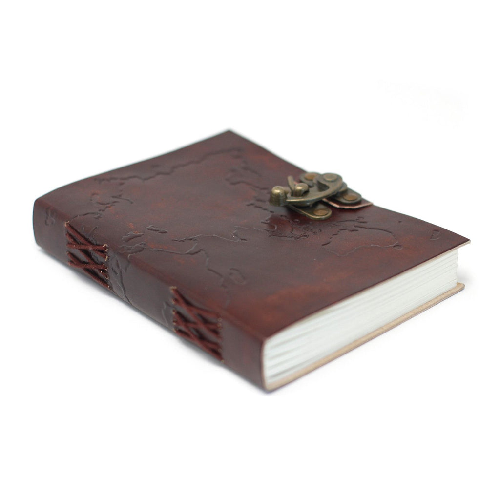 Leather World Map Notebook with Stitching for Unique Journaling
