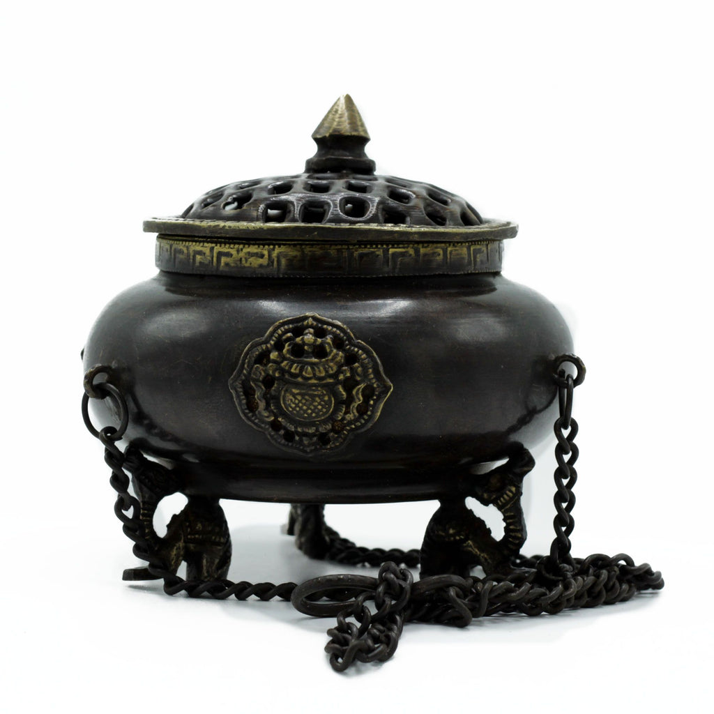 Large Brass Tibetan Burner with Four Celestial Symbols Design