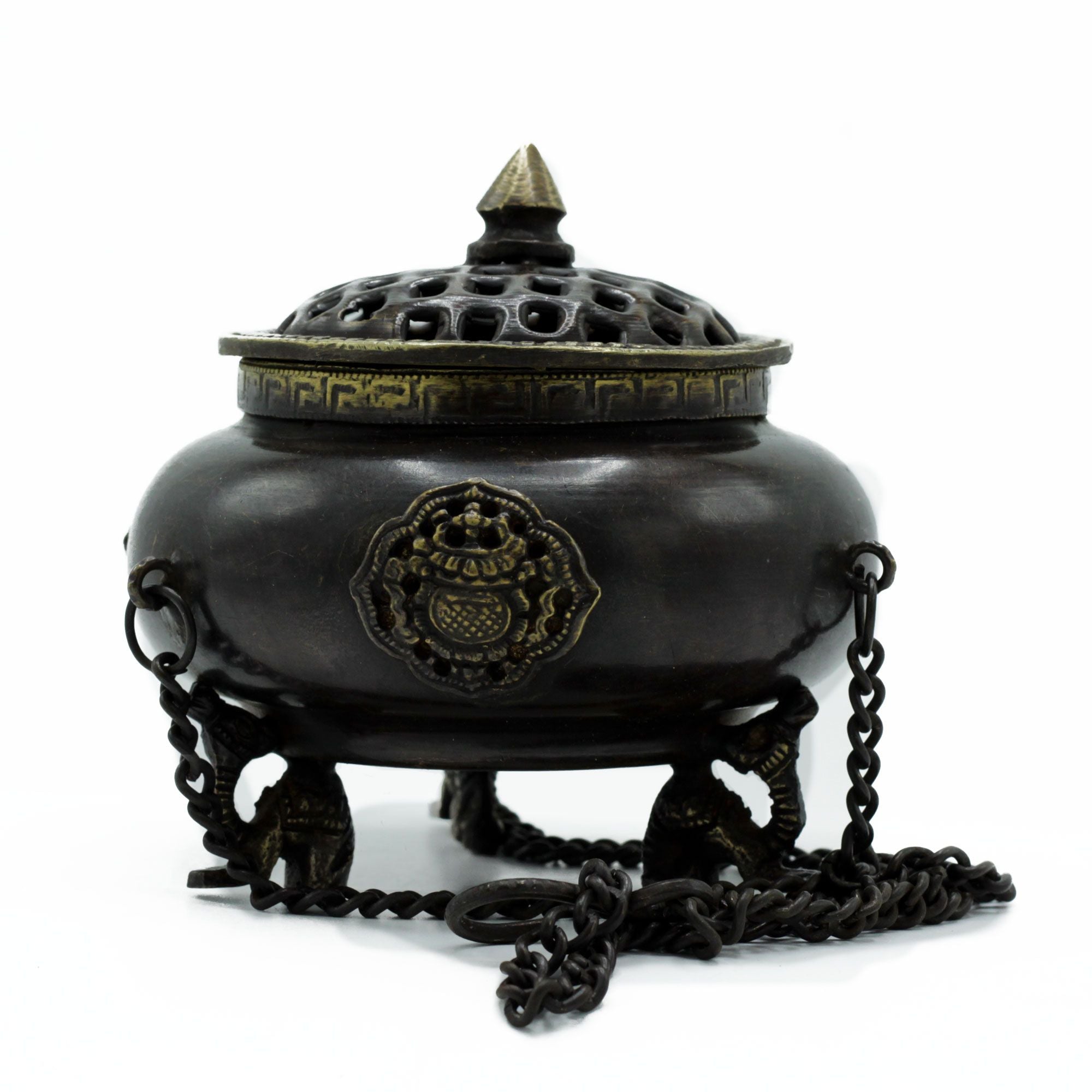 Large Brass Tibetan Burner with Four Celestial Symbols Design