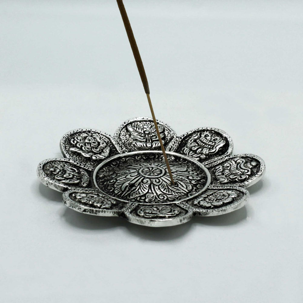 Polished Aluminium Tibetan Symbols Incense Holder for Home Decor