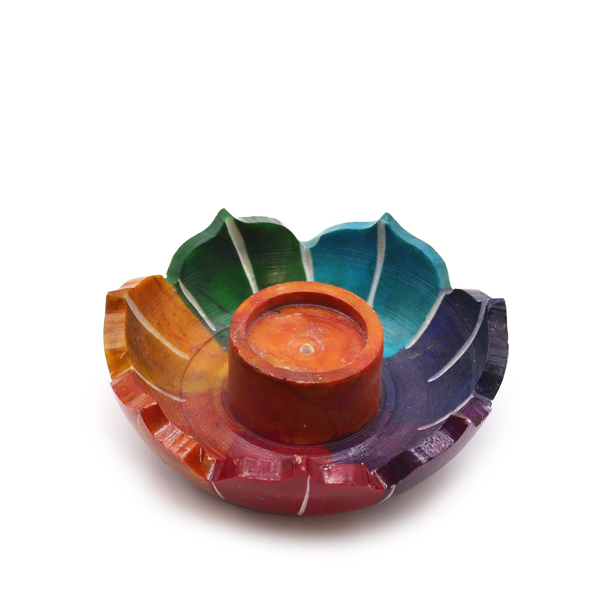 Soapstone Small Lotus Flower Incense Holder with Chakra Colours