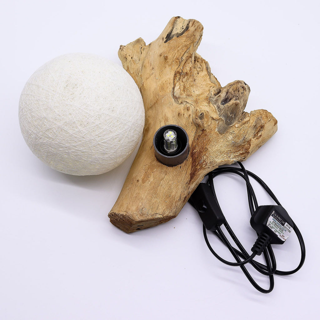 DriftGlow Lamp Cotton Luna Ivory Shade with Unique Driftwood Base